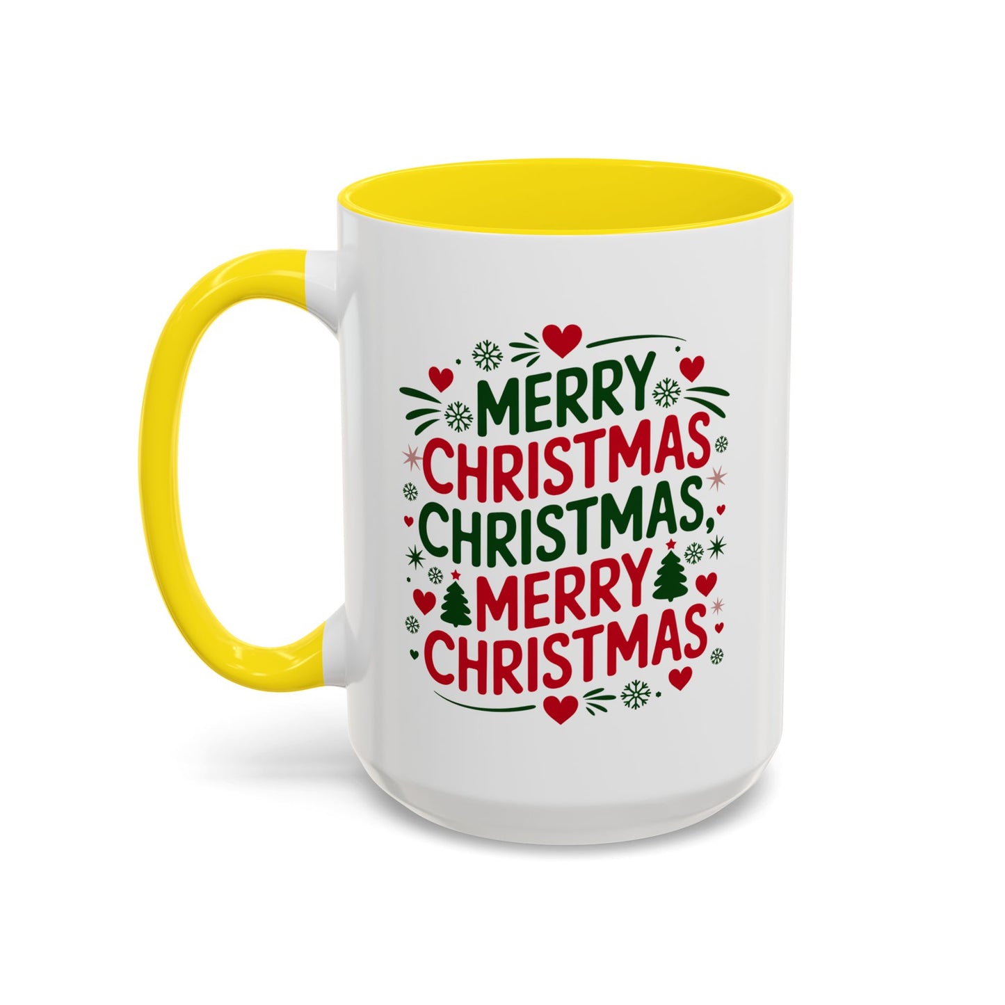 Christmas Mug - Merry Christmas Green & Red Text Trees Hearts Snowflakes Stars