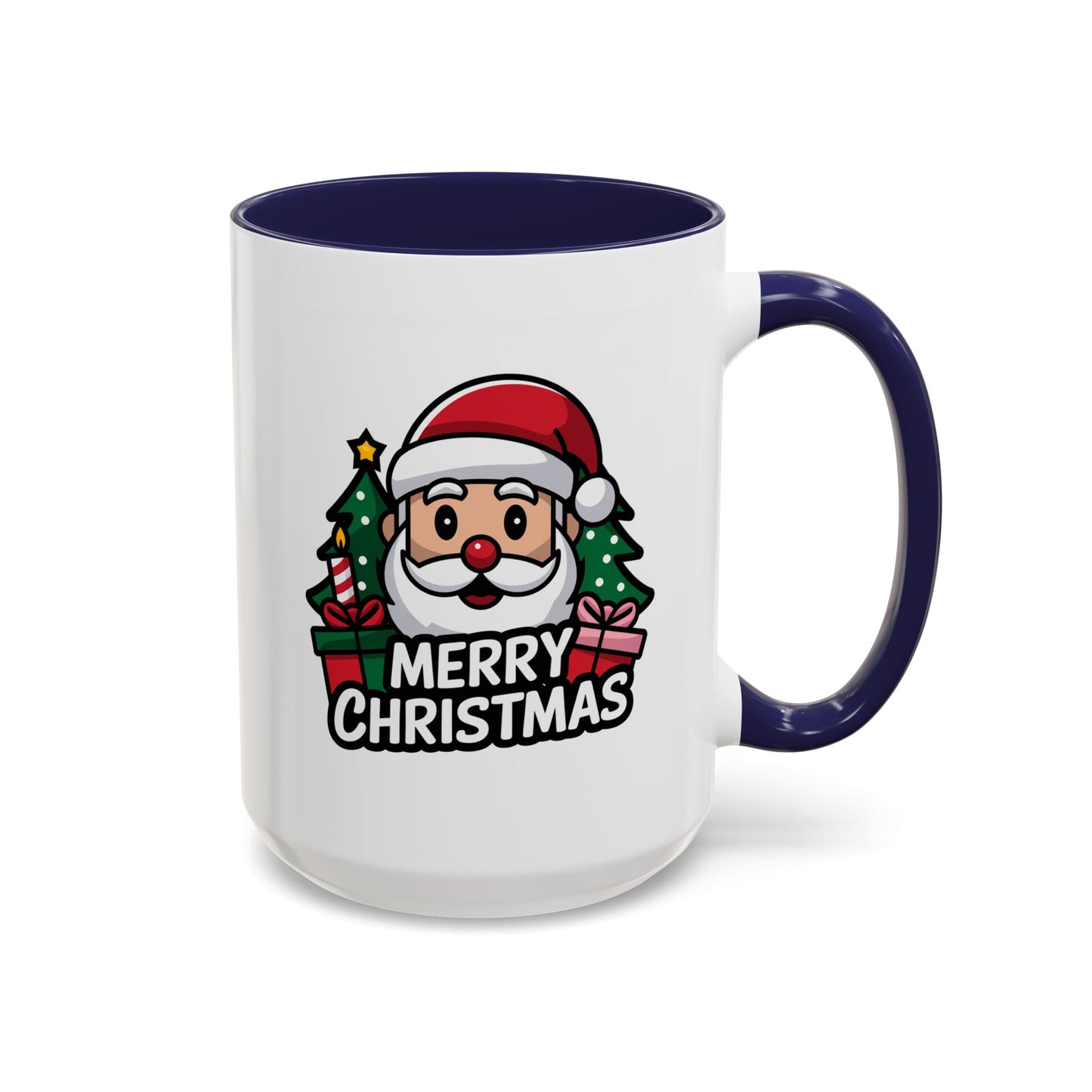 Christmas Mug - Merry Christmas White & Black Text Santa Trees Presents