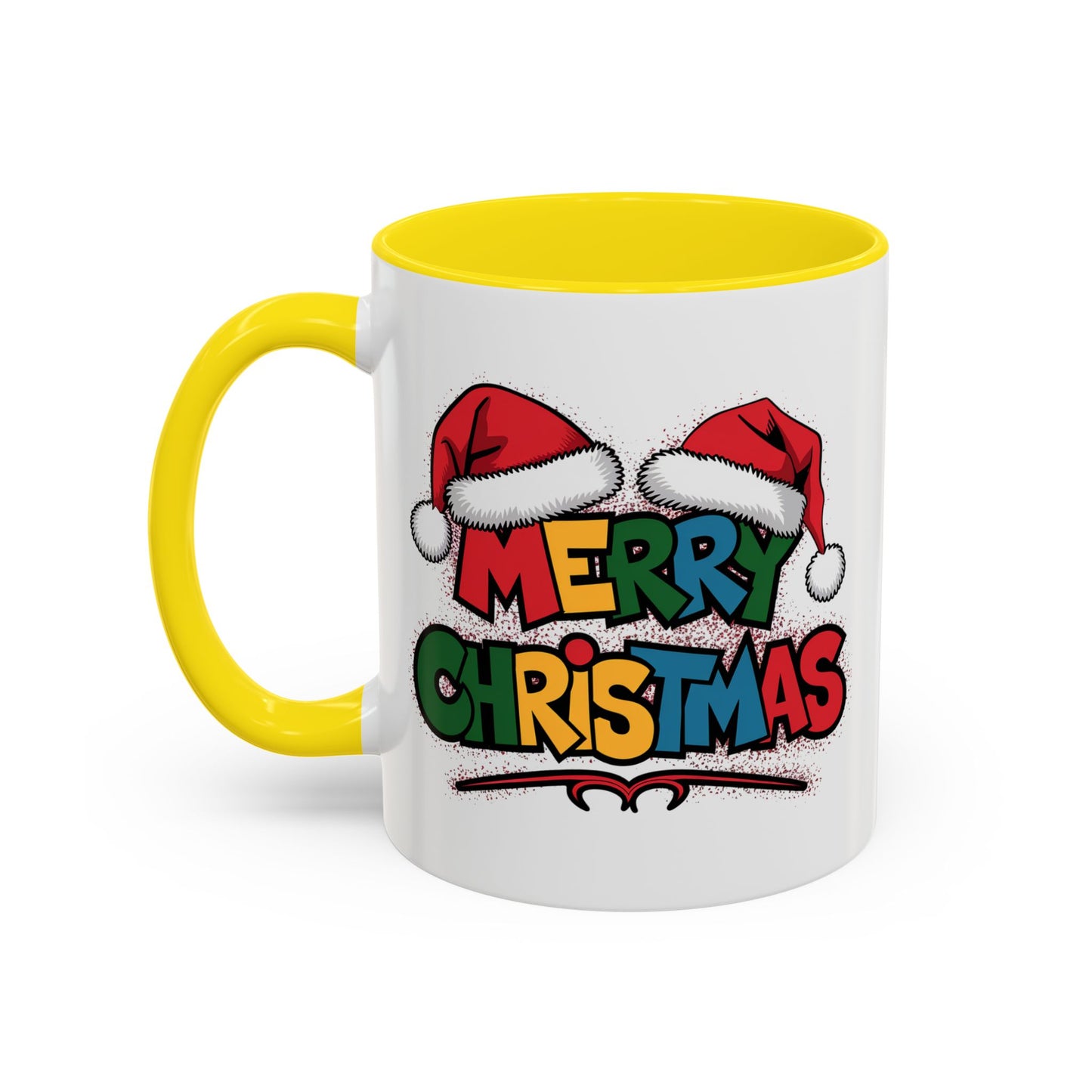 Christmas Mug - Merry Christmas Red Yellow & Blue Text Red Hats