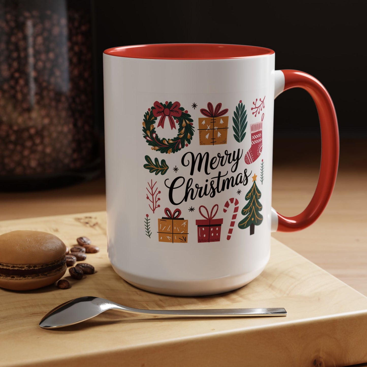 Christmas Mug - Merry Christmas Green Text Presents Tree Candy Cane
