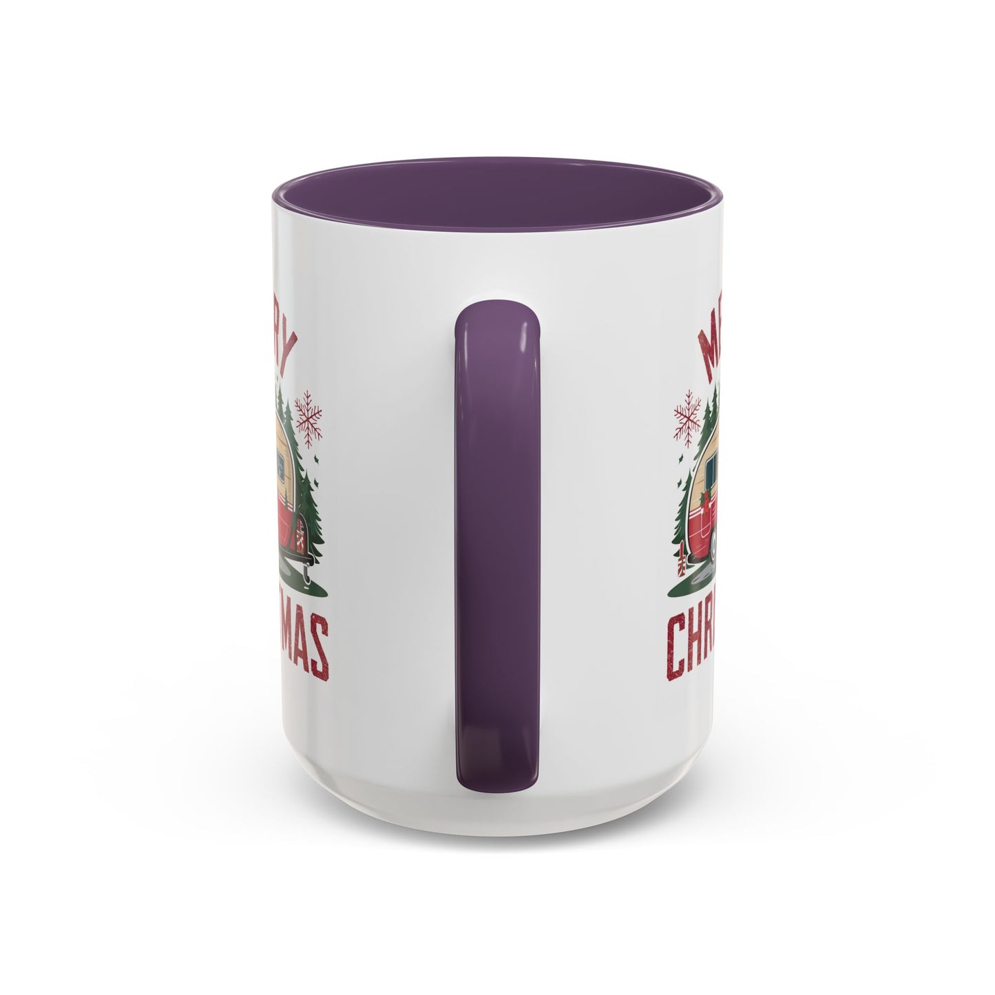 Christmas Mug - Merry Christmas Maroon Text Camper Trees Snowflakes