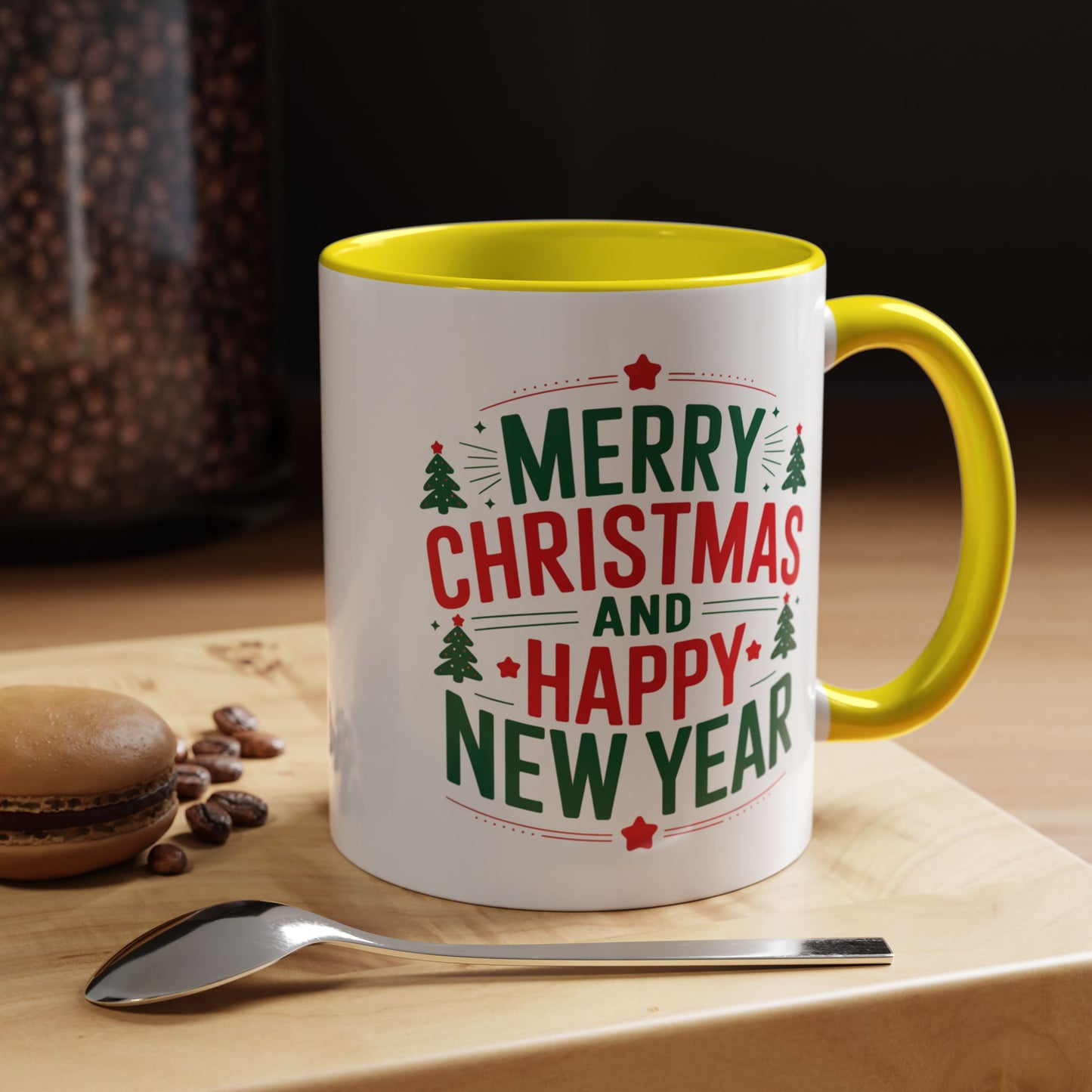 Christmas Mug - Merry Christmas and a Happy New Year Green & Red Text Trees Stars