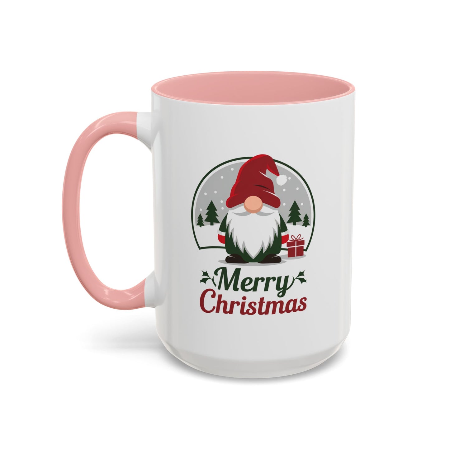 Christmas Mug - Merry Christmas Green & Red Text Gnome Present Trees