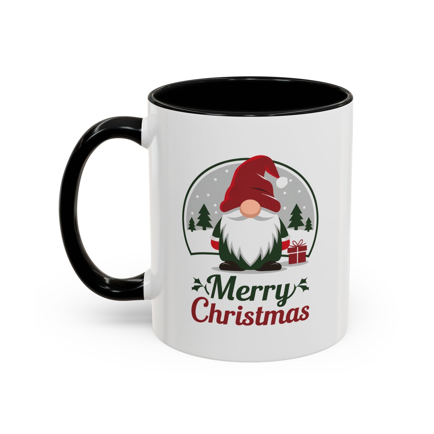 Christmas Mug - Merry Christmas Green & Red Text Gnome Present Trees