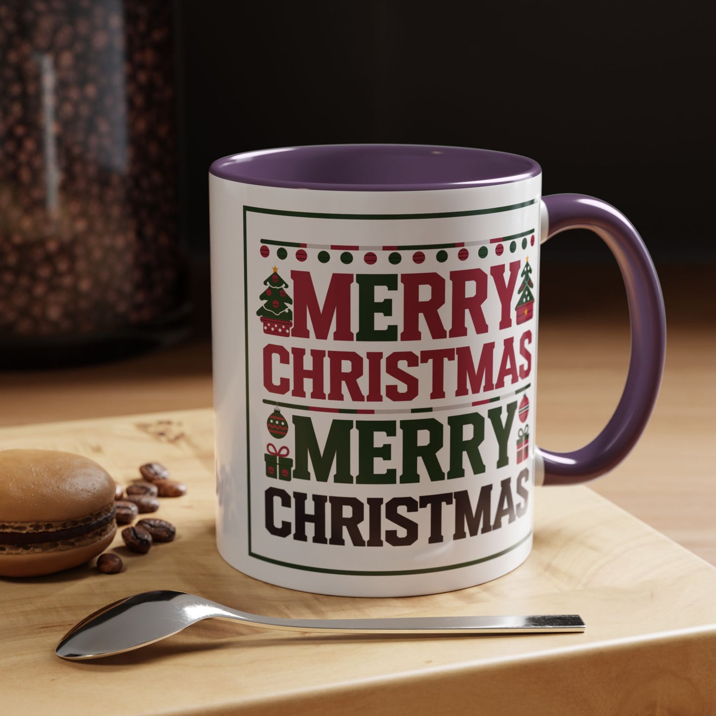 Christmas Mug - Merry Christmas Red Green & Black Text Trees Presents