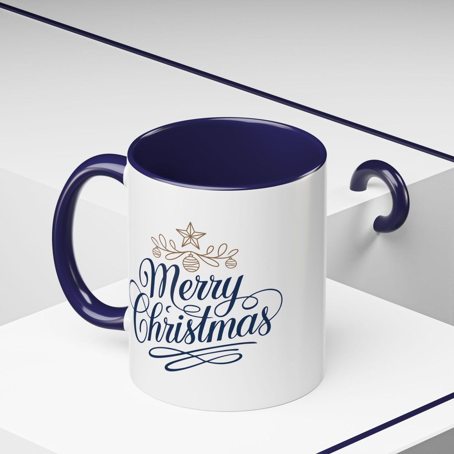 Christmas Mug - Merry Christmas Blue Text Gold Ornaments