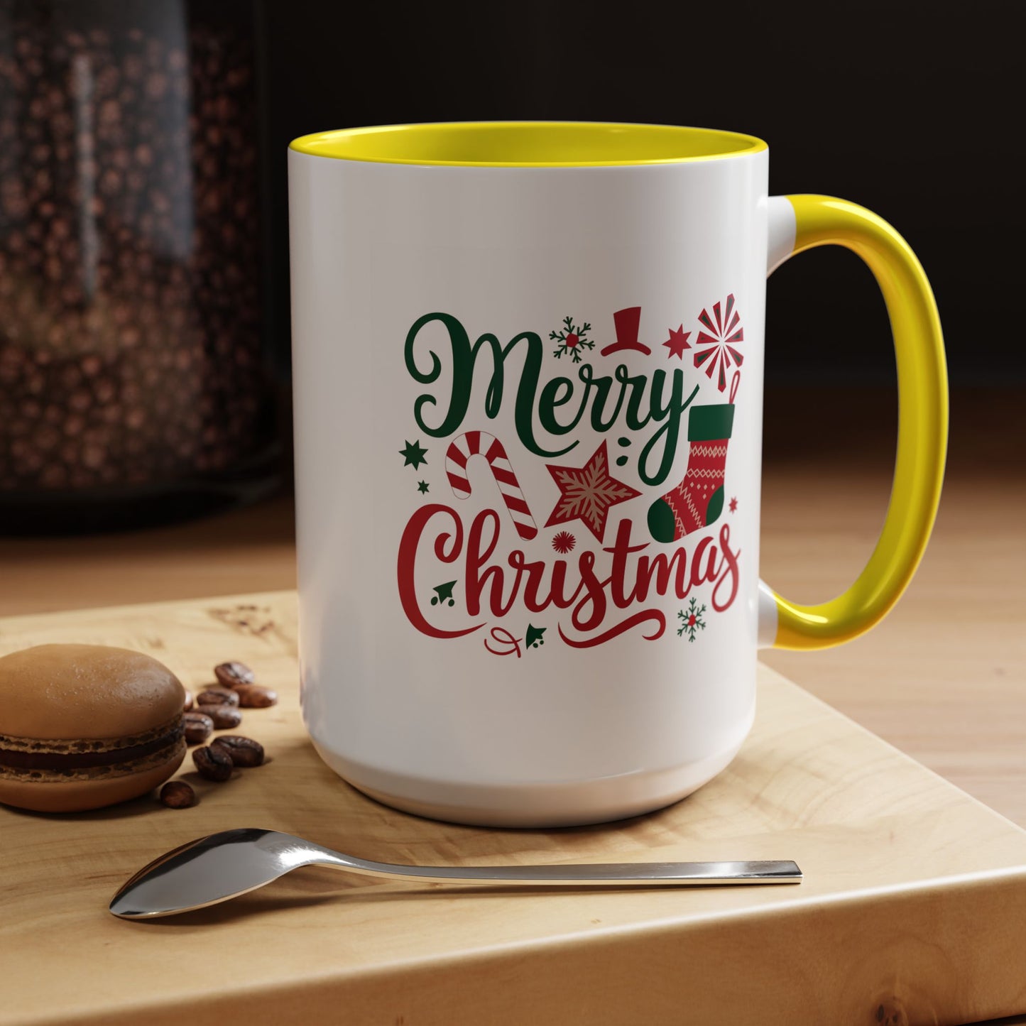 Christmas Mug - Merry Christmas Green & Red Text Star Candy Cane Stocking Snowflake