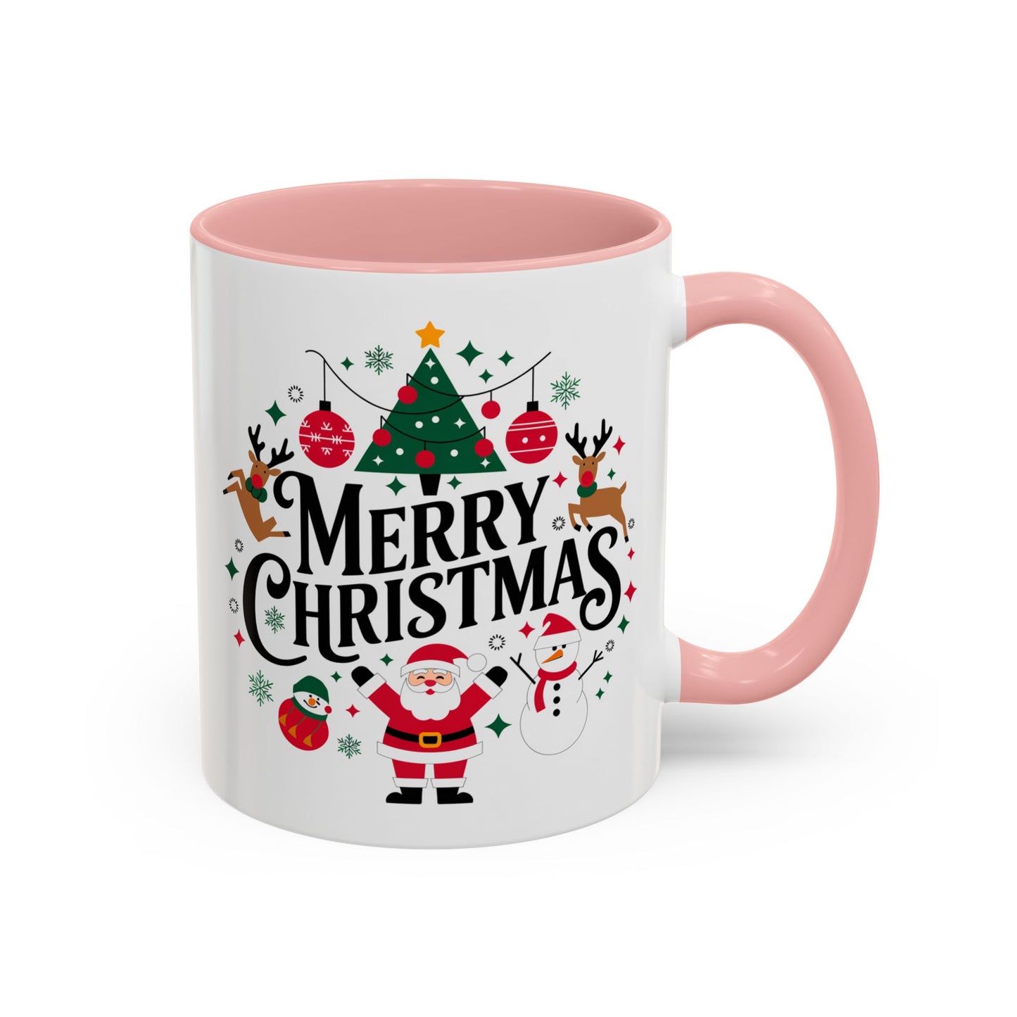 Christmas Mug - Merry Christmas Black Text Santa Reindeer Snowmen Ornaments