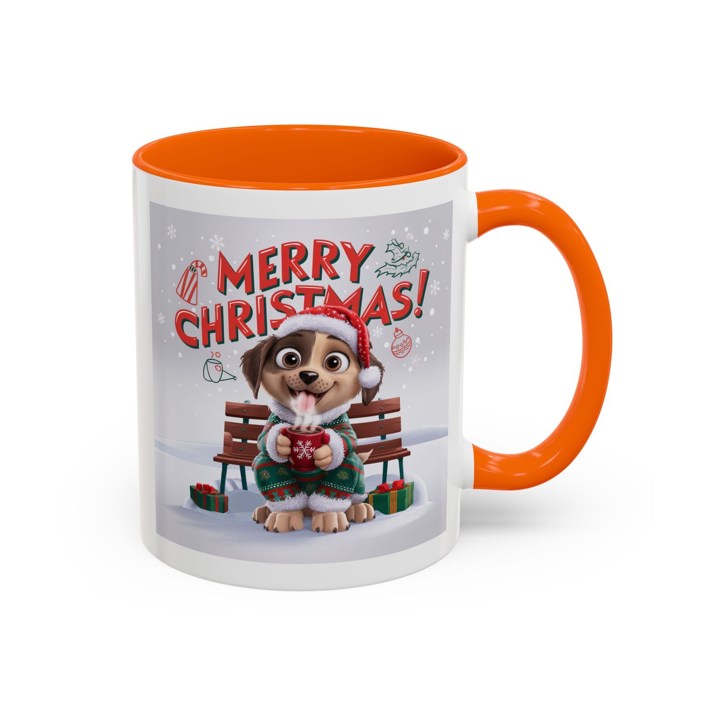 Christmas Mug - Merry Christmas Red Text Puppy Green Top