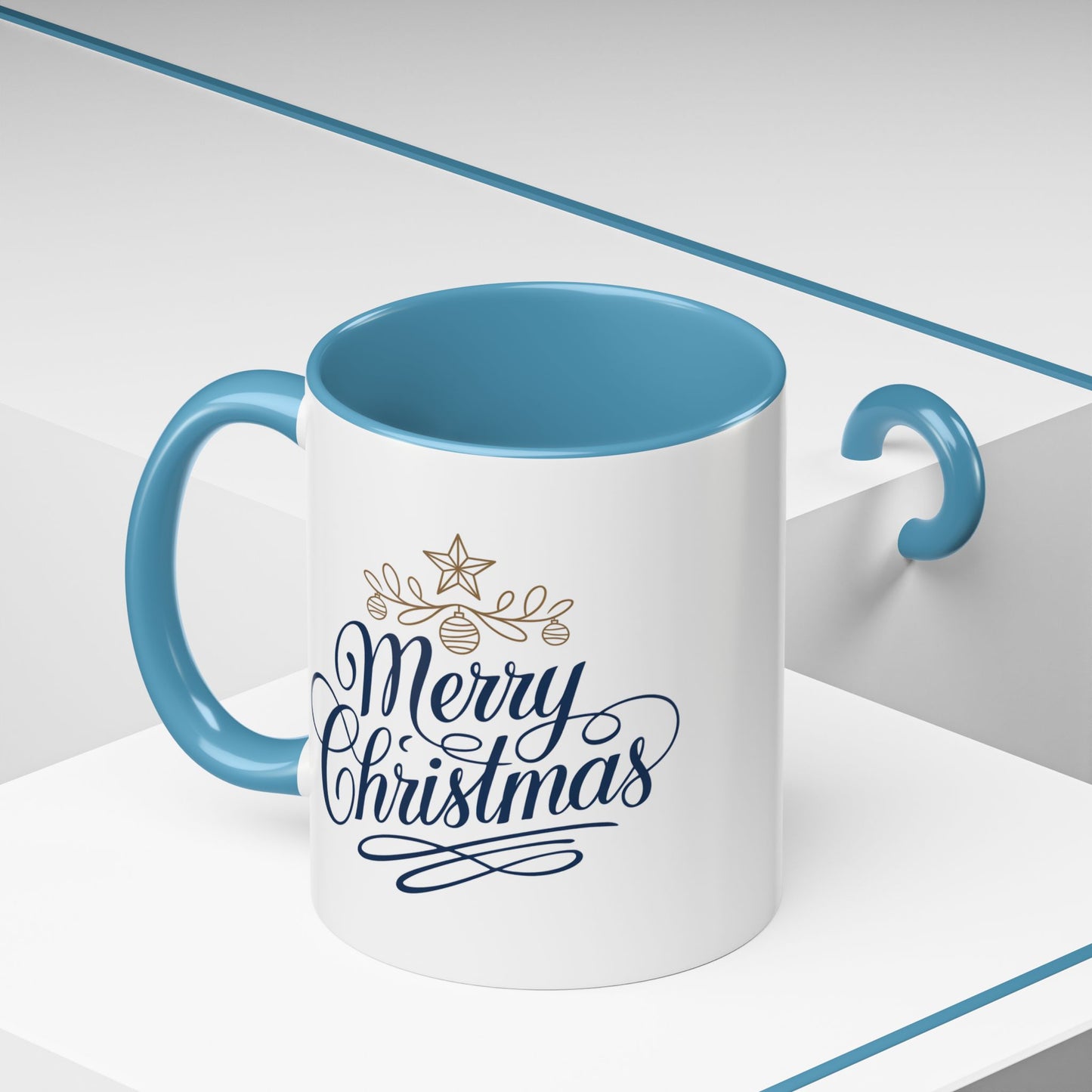 Christmas Mug - Merry Christmas Blue Text Gold Ornaments