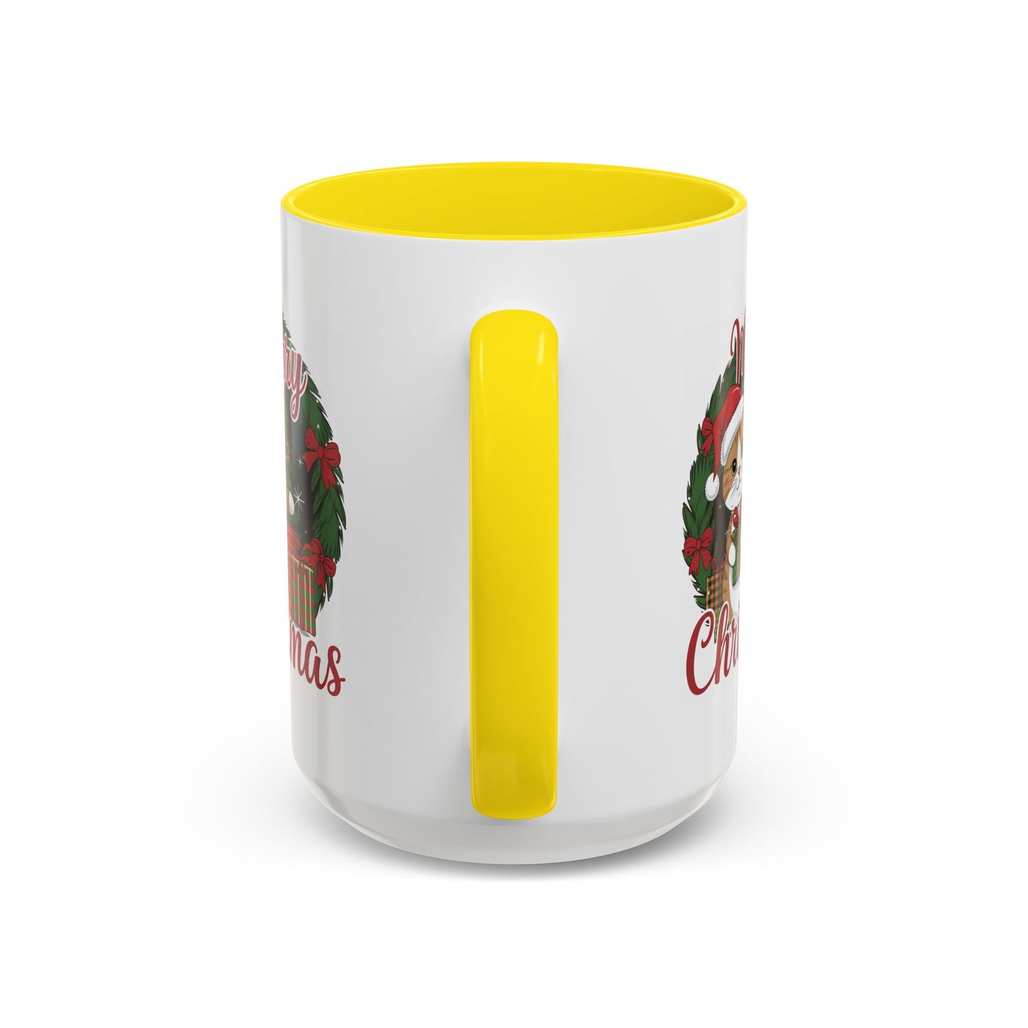 Christmas Mug - Merry Christmas Red Text Cat Presents Wreath
