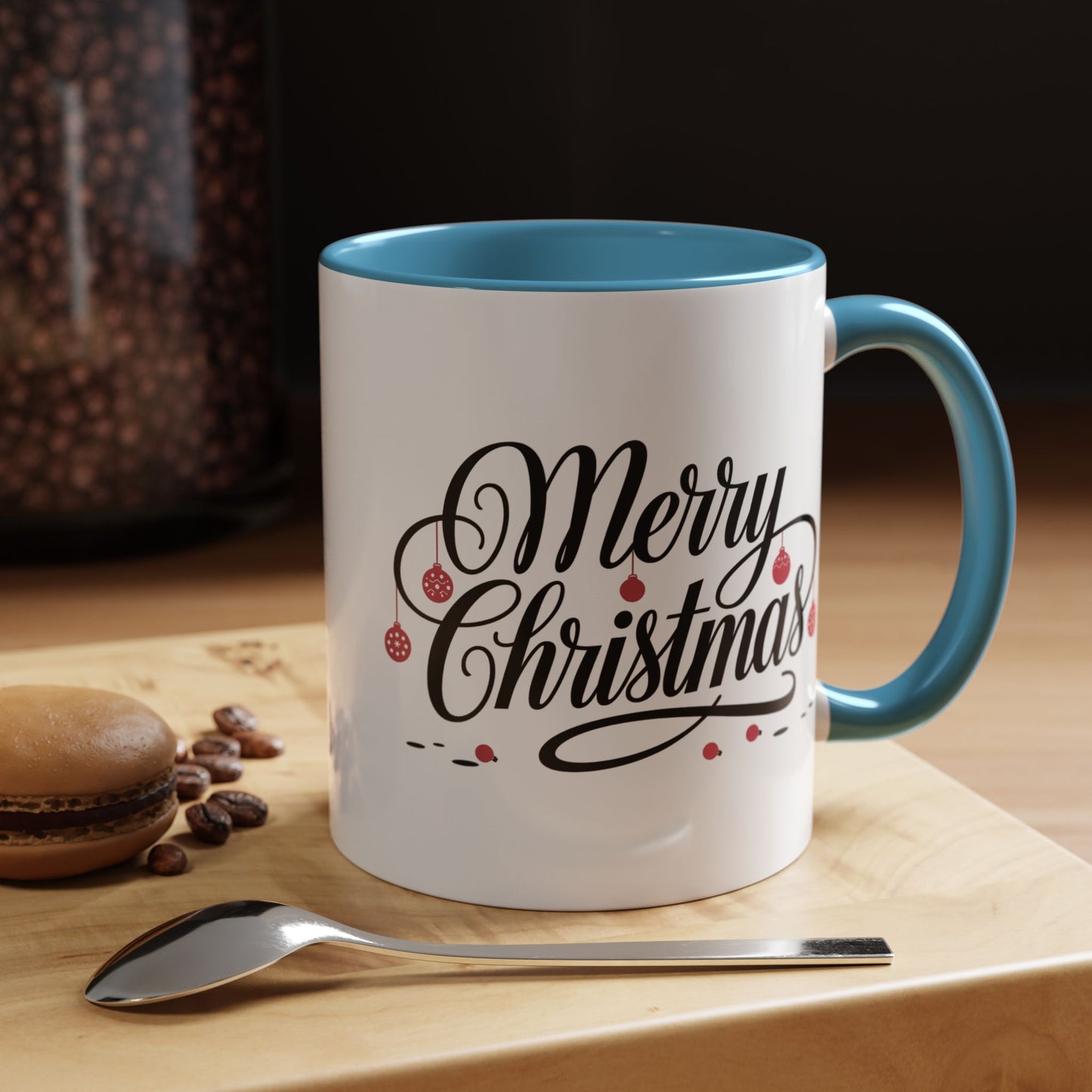 Christmas Mug - Merry Christmas Black Text Red Ornaments