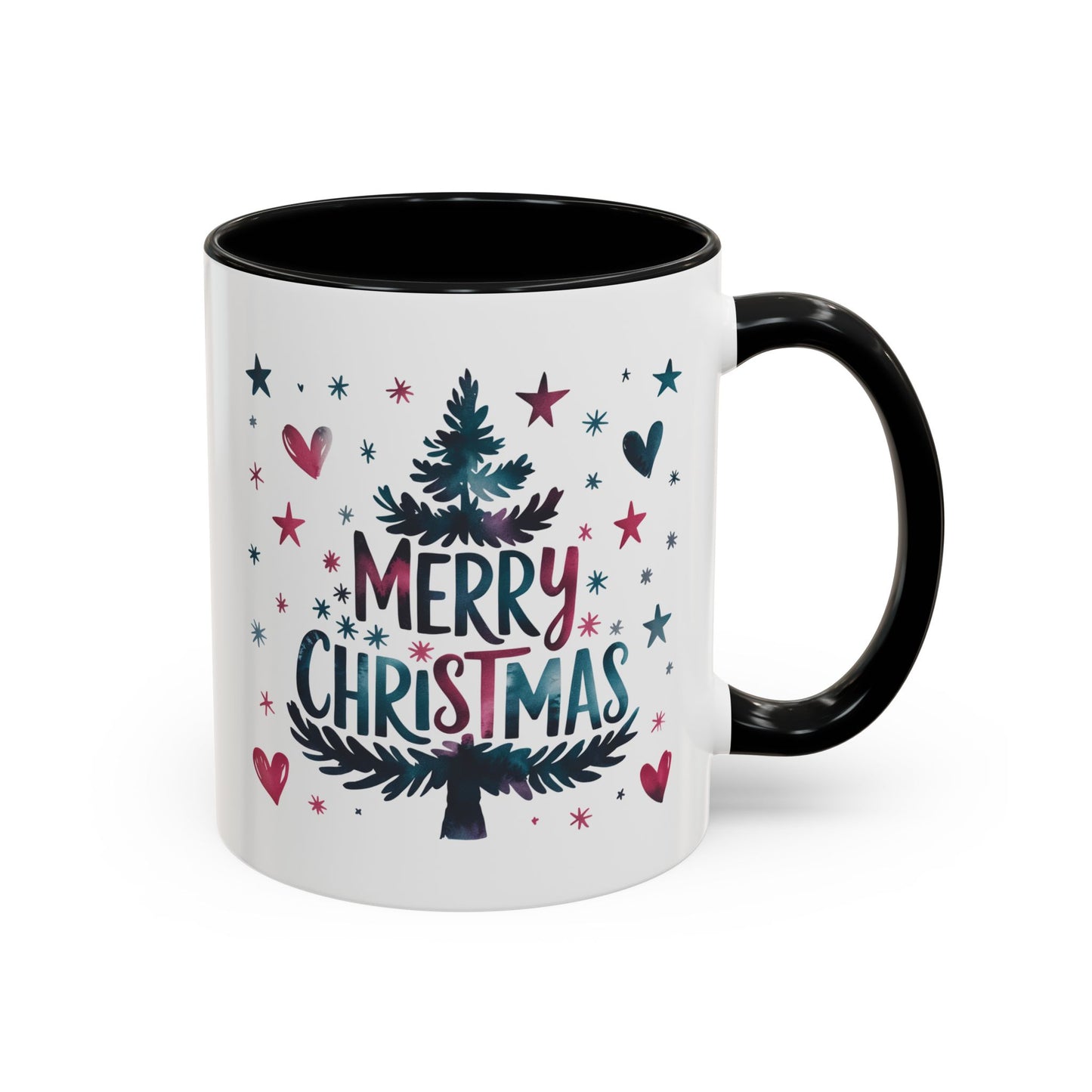 Christmas Mug - Merry Christmas Maroon & Blue Text Tree Hearts Stars