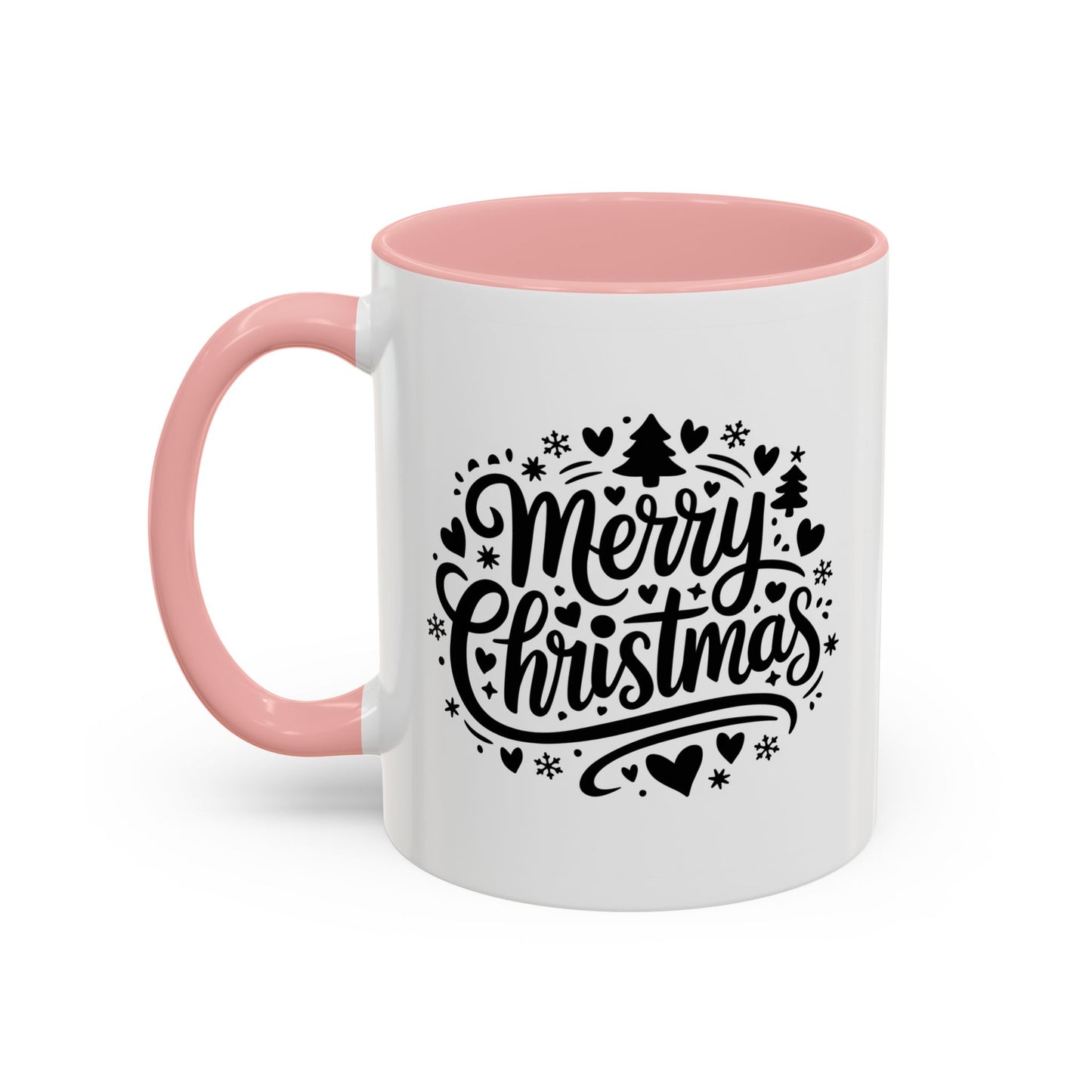 Christmas Mug - Merry Christmas Black Text Trees Snowflakes Hearts