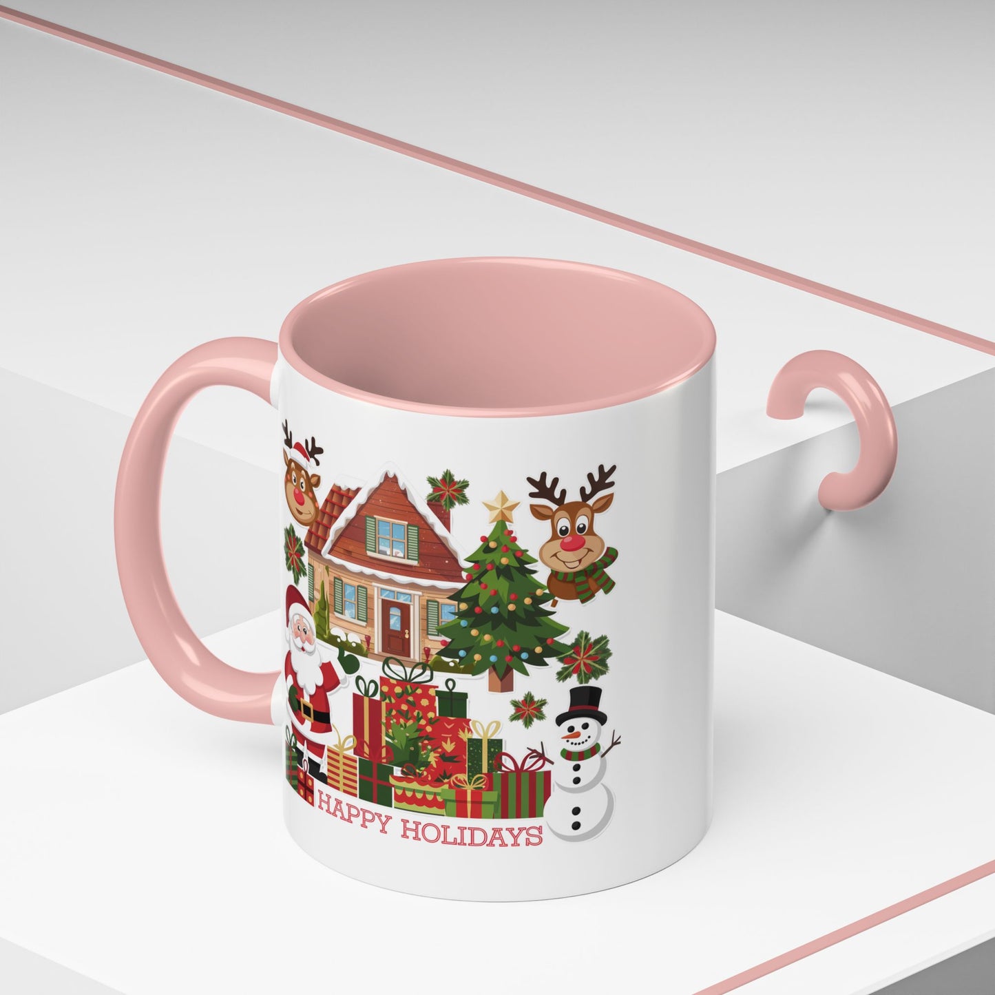Christmas Mug - Happy Holidays Red Text Reindeer Santa Snowman Presents