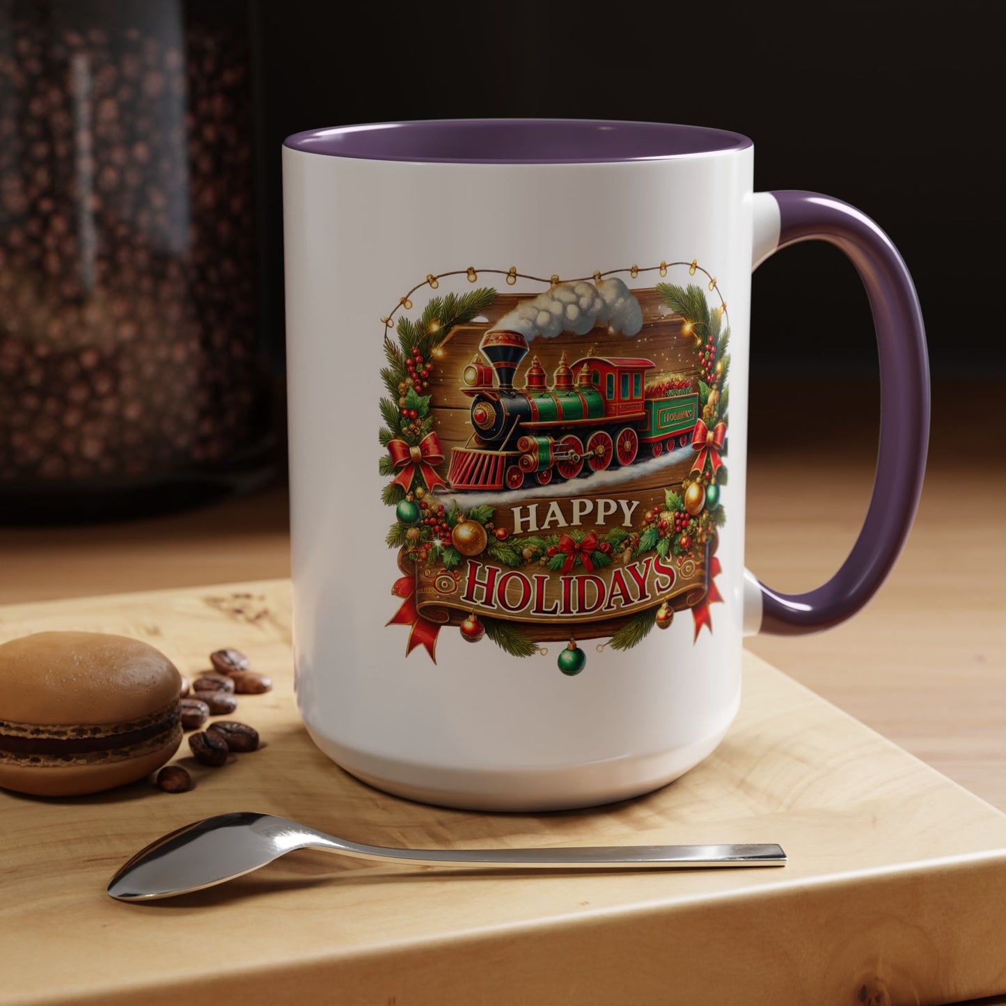 Christmas Mug - Happy Holidays White & Red Text Steam Locomotive