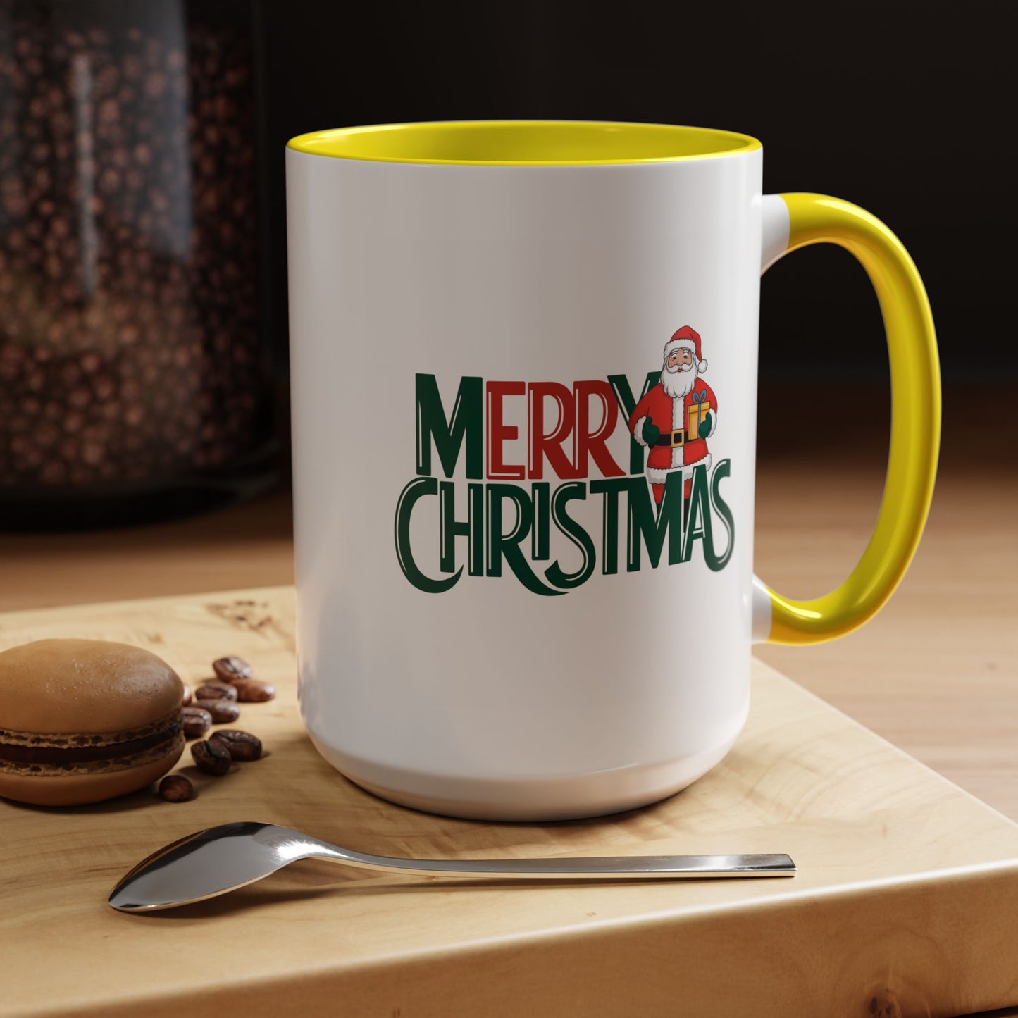 Christmas Mug - Merry Christmas Green & Red Text Santa Present