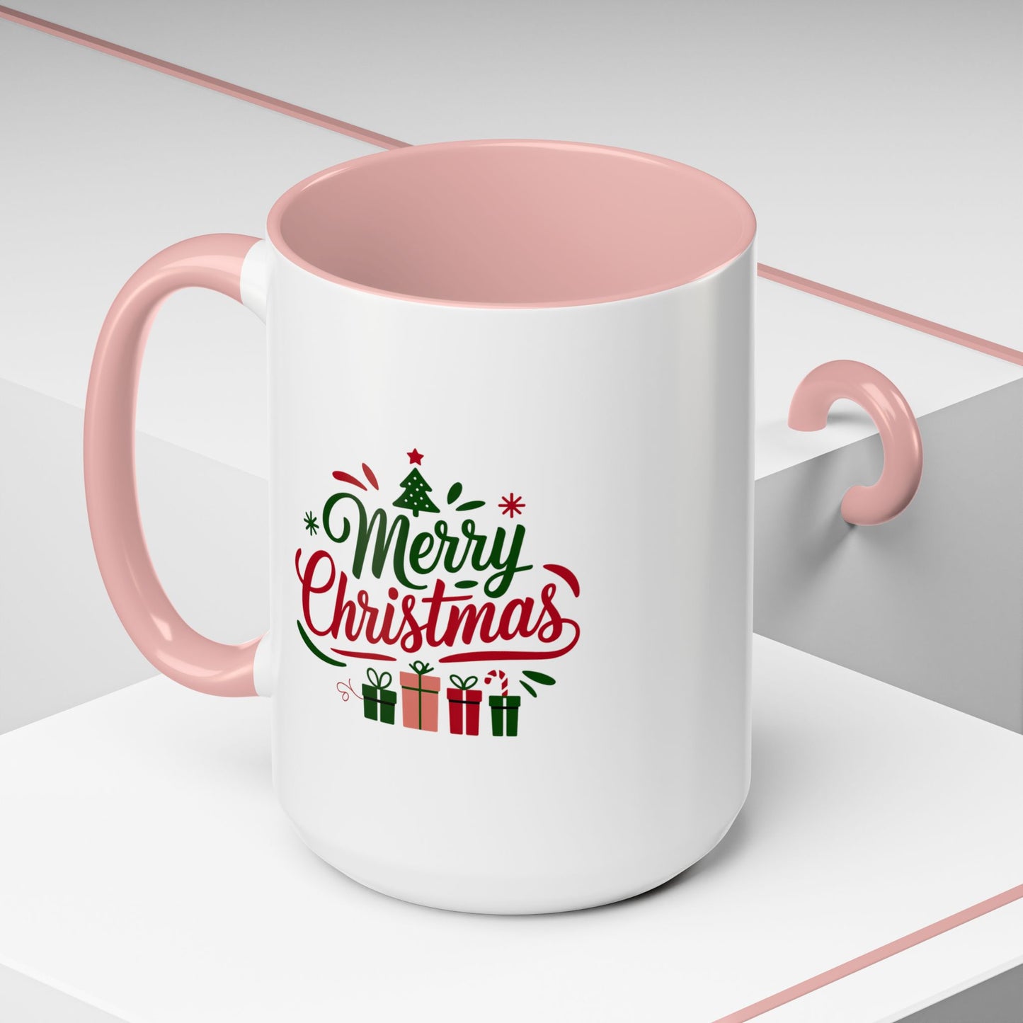 Christmas Mug - Merry Christmas Green & Red Text Tree Snowflakes Presents