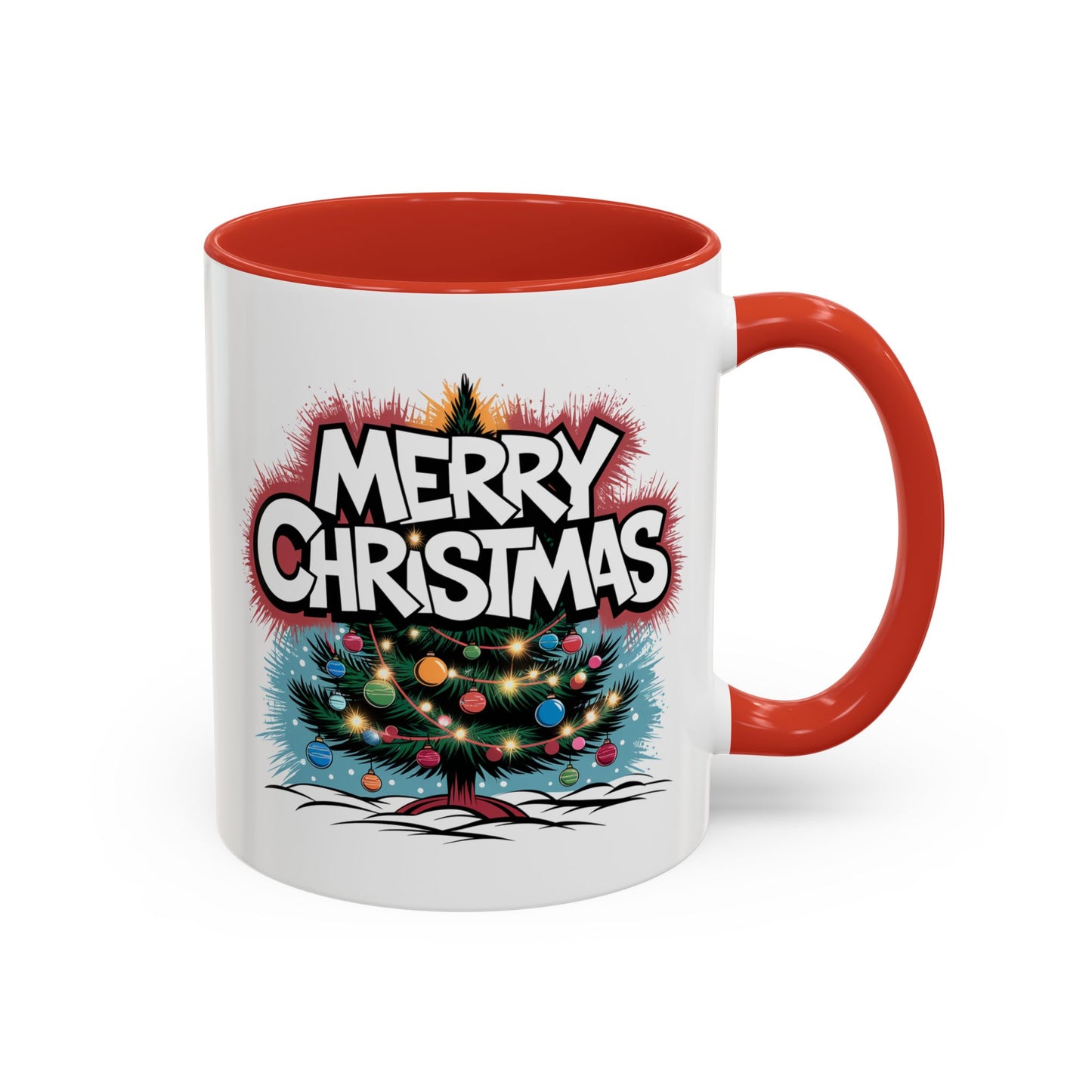 Christmas Mug - Merry Christmas White & Red Text Tree Lights