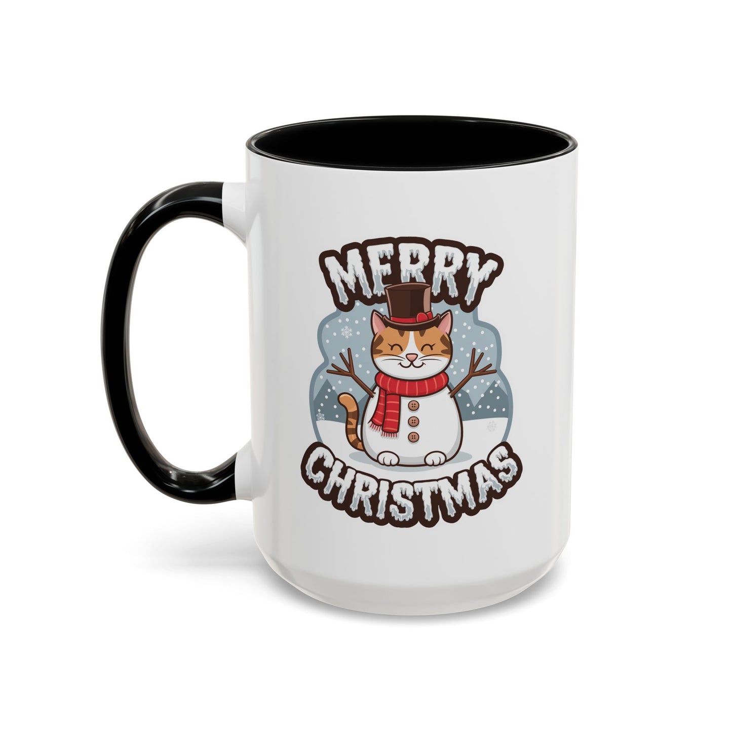 Christmas Mug - Merry Christmas Black & White Text Snowman Cat