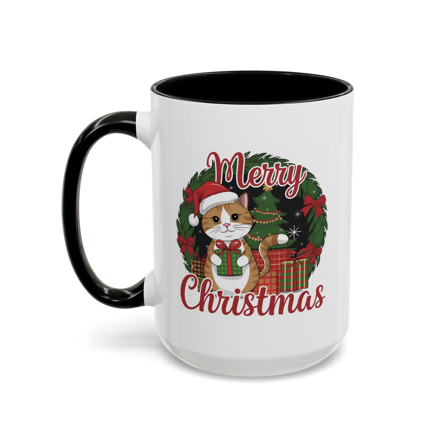 Christmas Mug - Merry Christmas Red Text Cat Presents Wreath