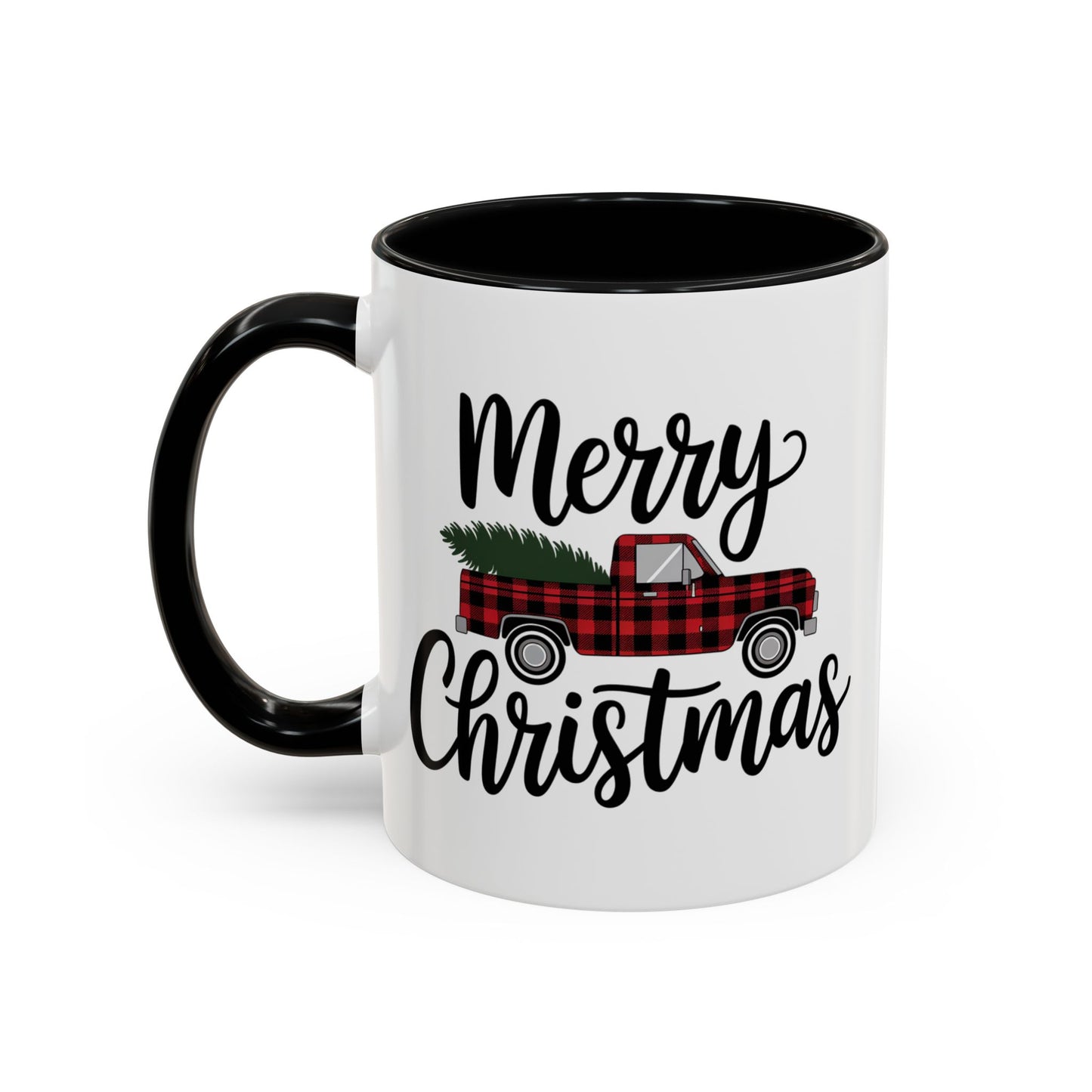 Christmas Mug - Merry Christmas Black Text Tartan Truck