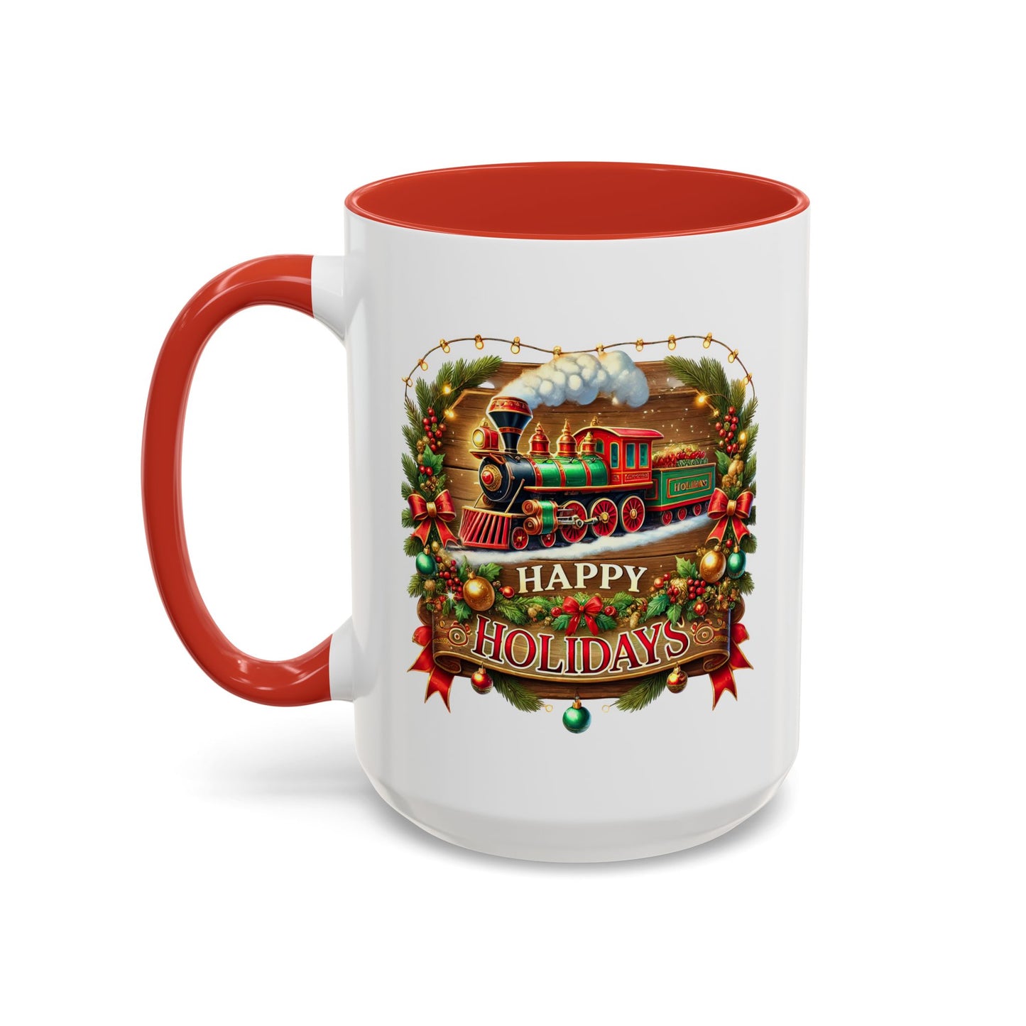 Christmas Mug - Happy Holidays White & Red Text Steam Locomotive