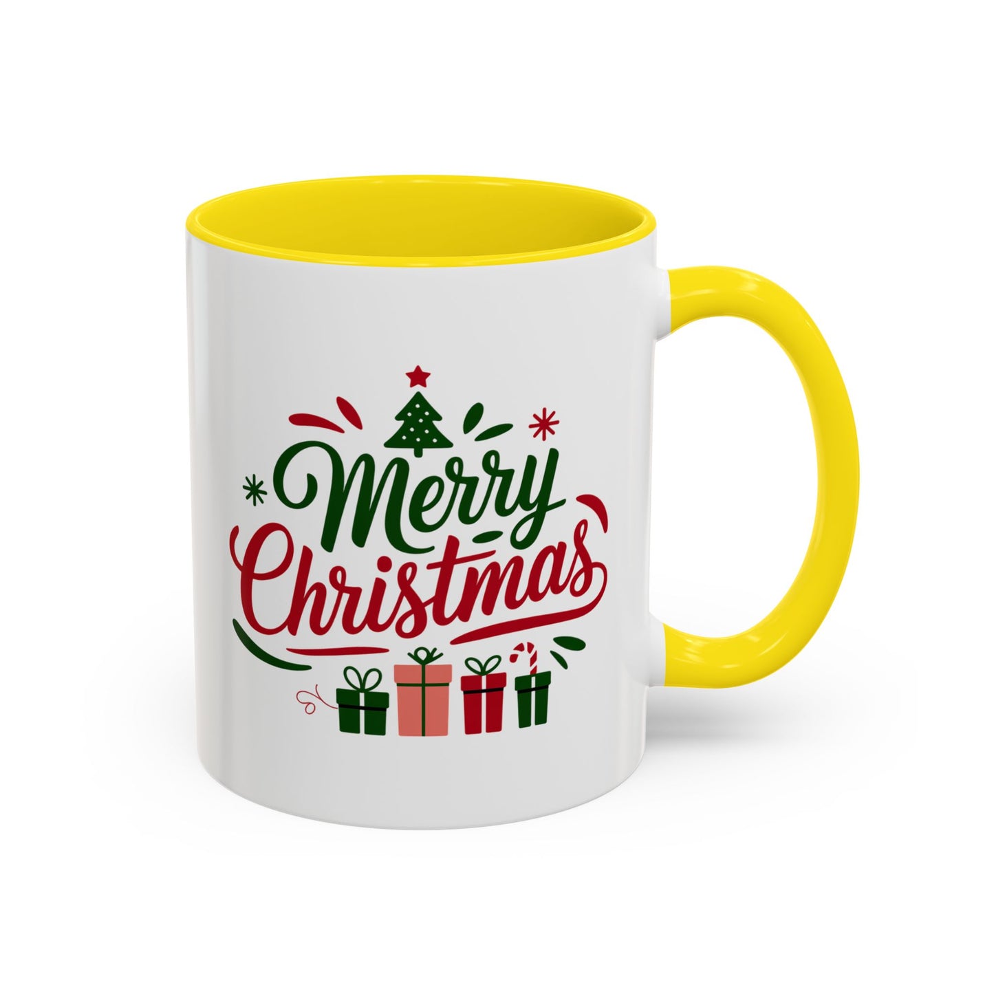 Christmas Mug - Merry Christmas Green & Red Text Tree Snowflakes Presents