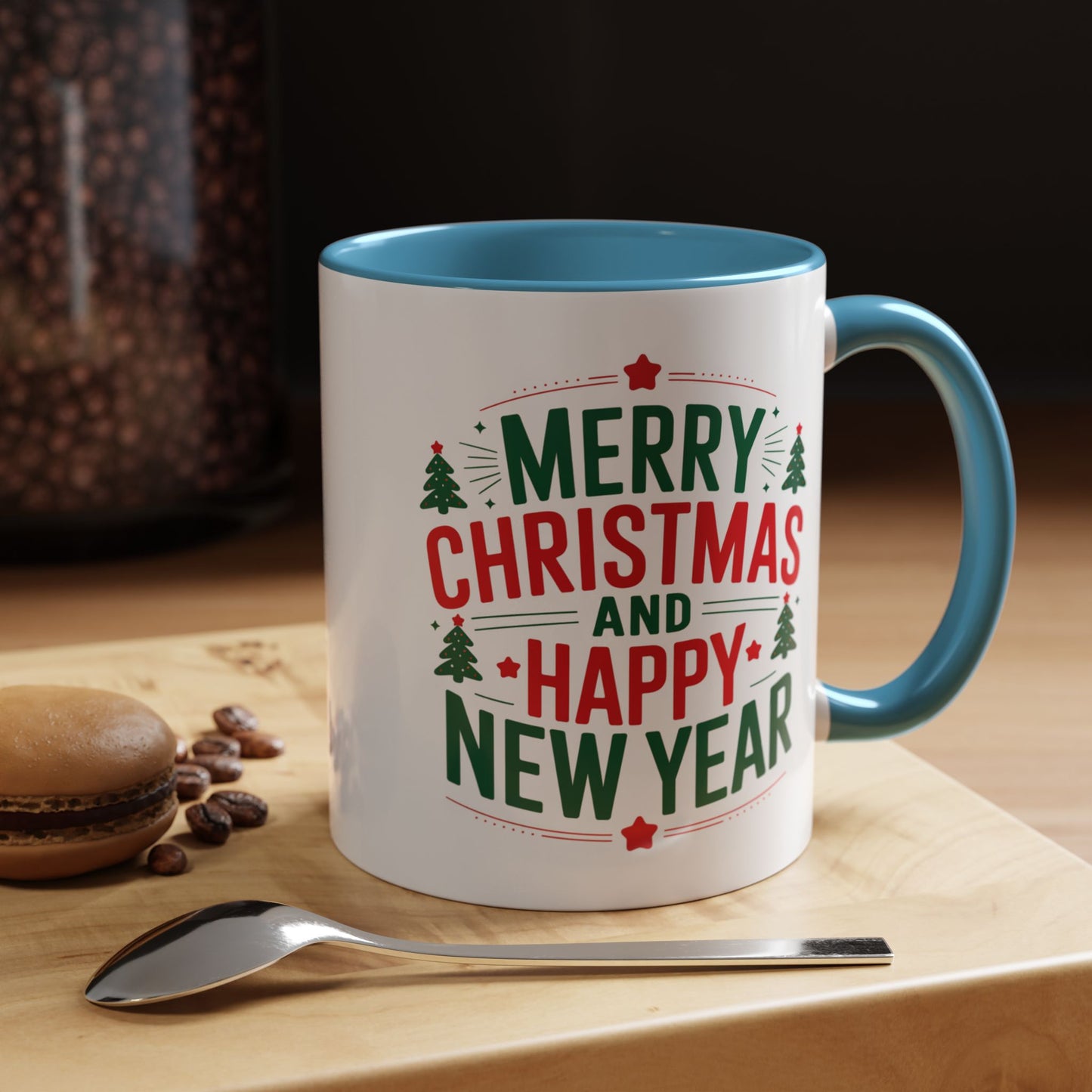 Christmas Mug - Merry Christmas and a Happy New Year Green & Red Text Trees Stars
