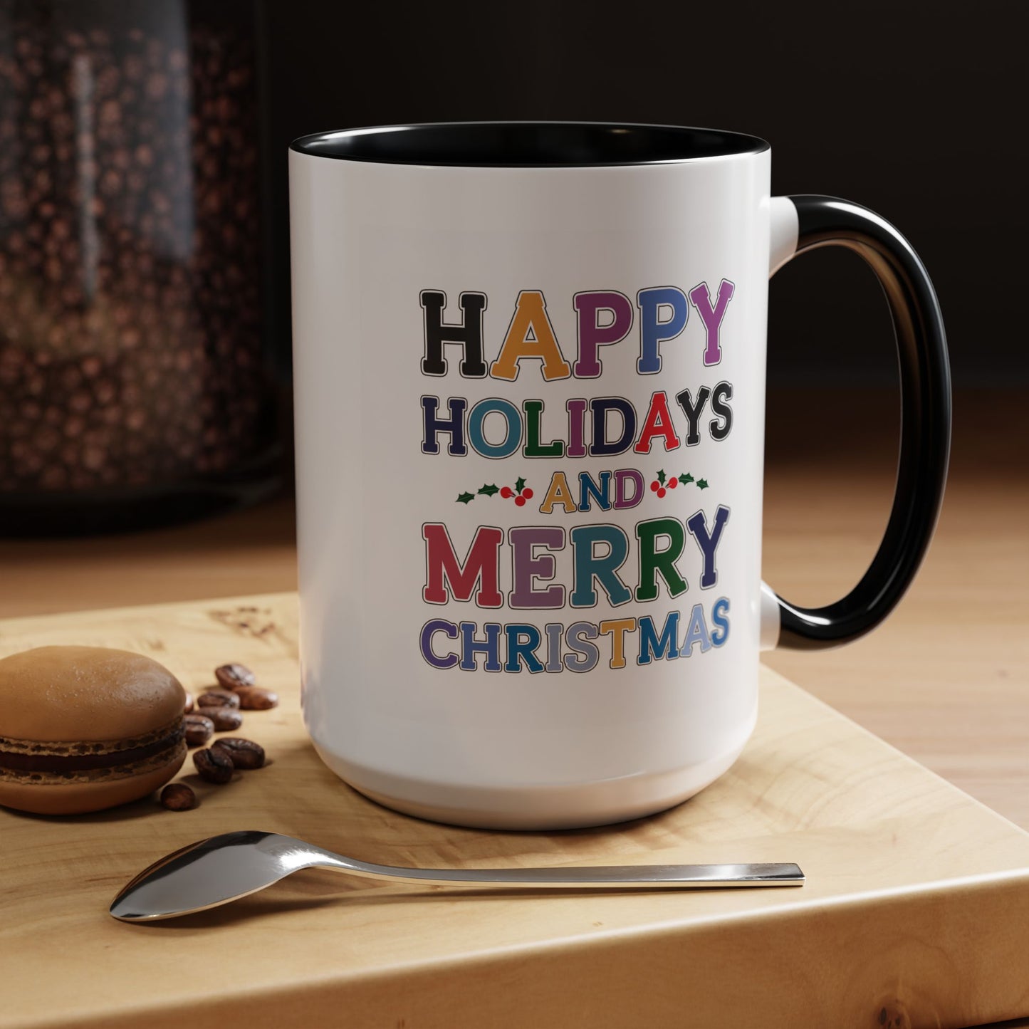 Christmas Mug - Happy Holidays and Merry Christmas Blue Yellow Purple Orange Red Text