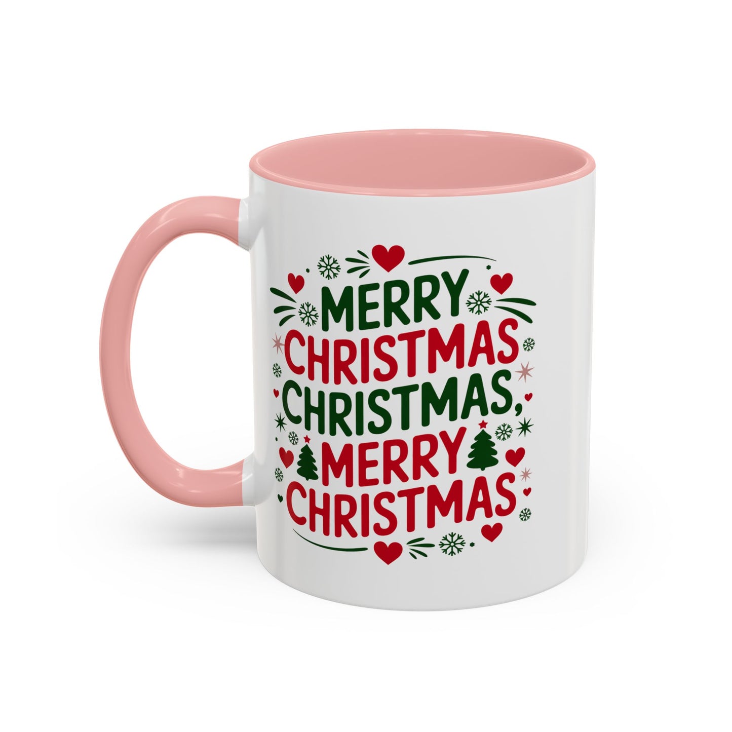 Christmas Mug - Merry Christmas Green & Red Text Trees Hearts Snowflakes Stars