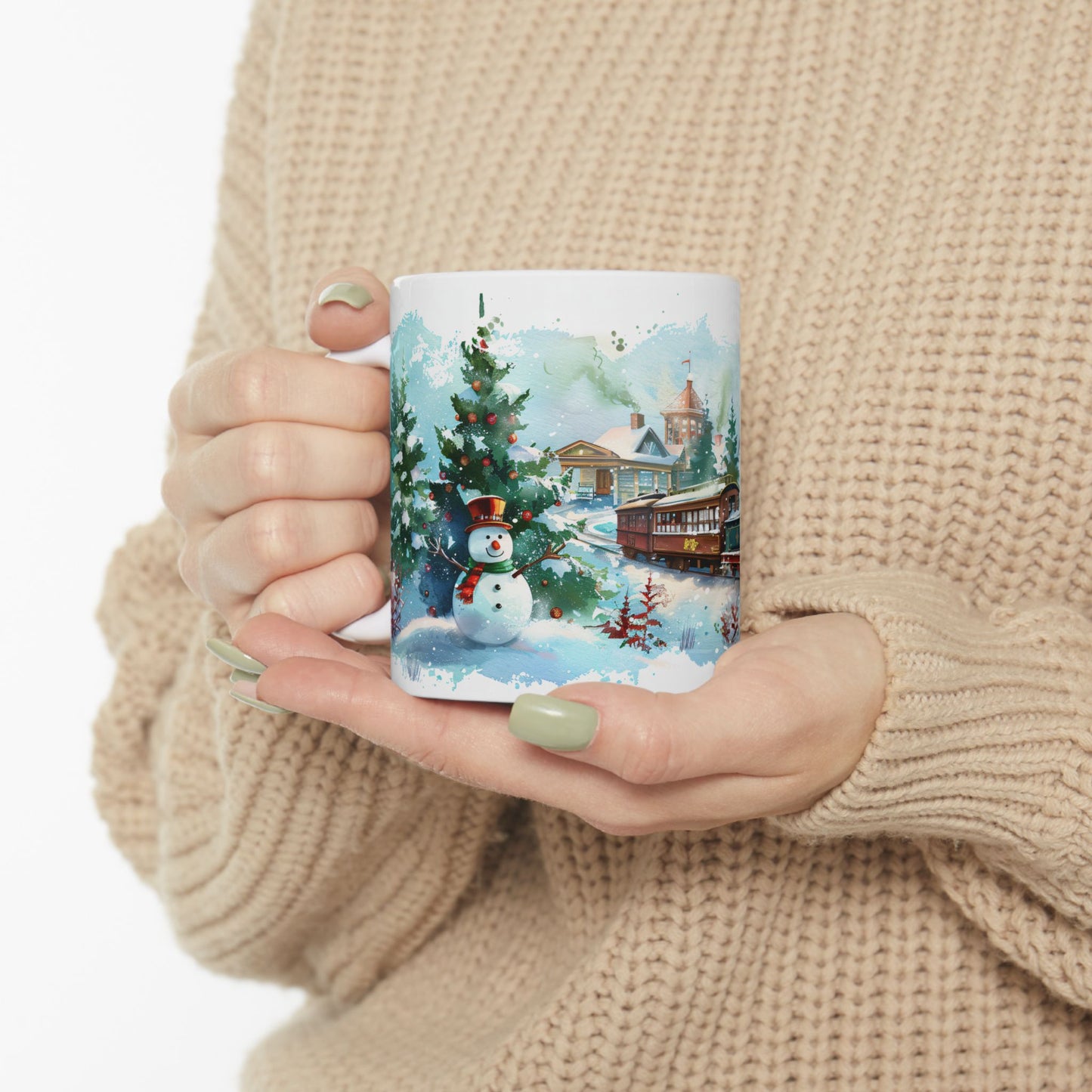 Christmas Mug - Snowman Trees Train
