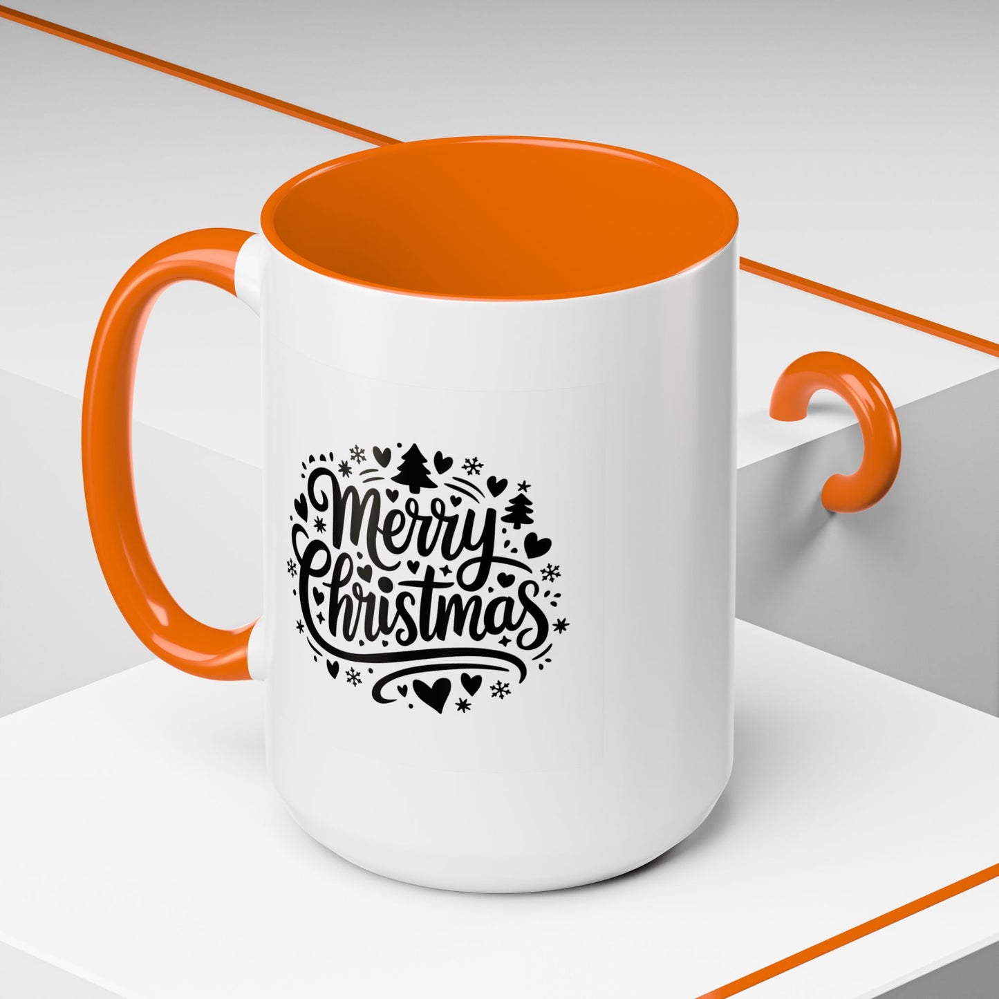 Christmas Mug - Merry Christmas Black Text Trees Snowflakes Hearts