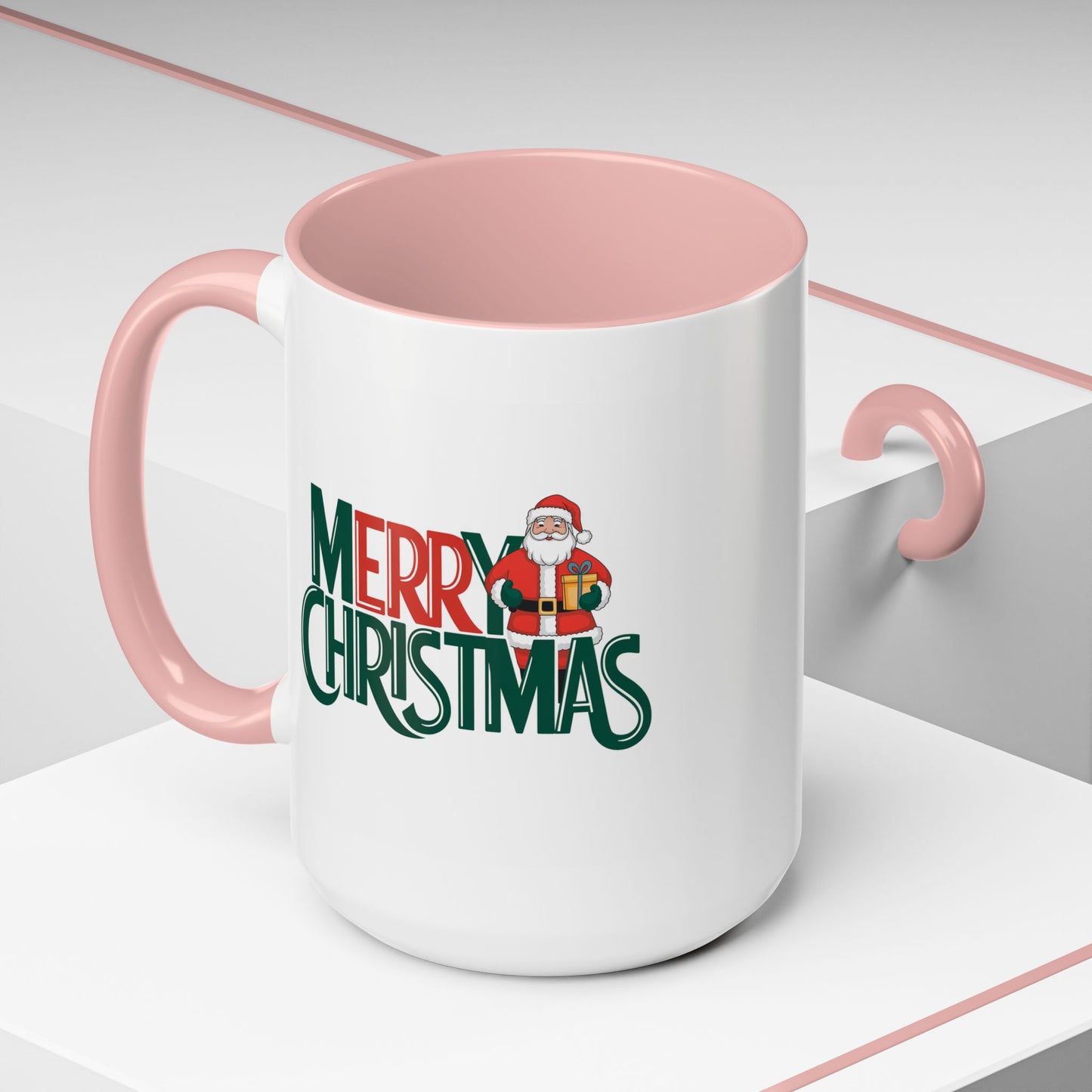 Christmas Mug - Merry Christmas Green & Red Text Santa Present