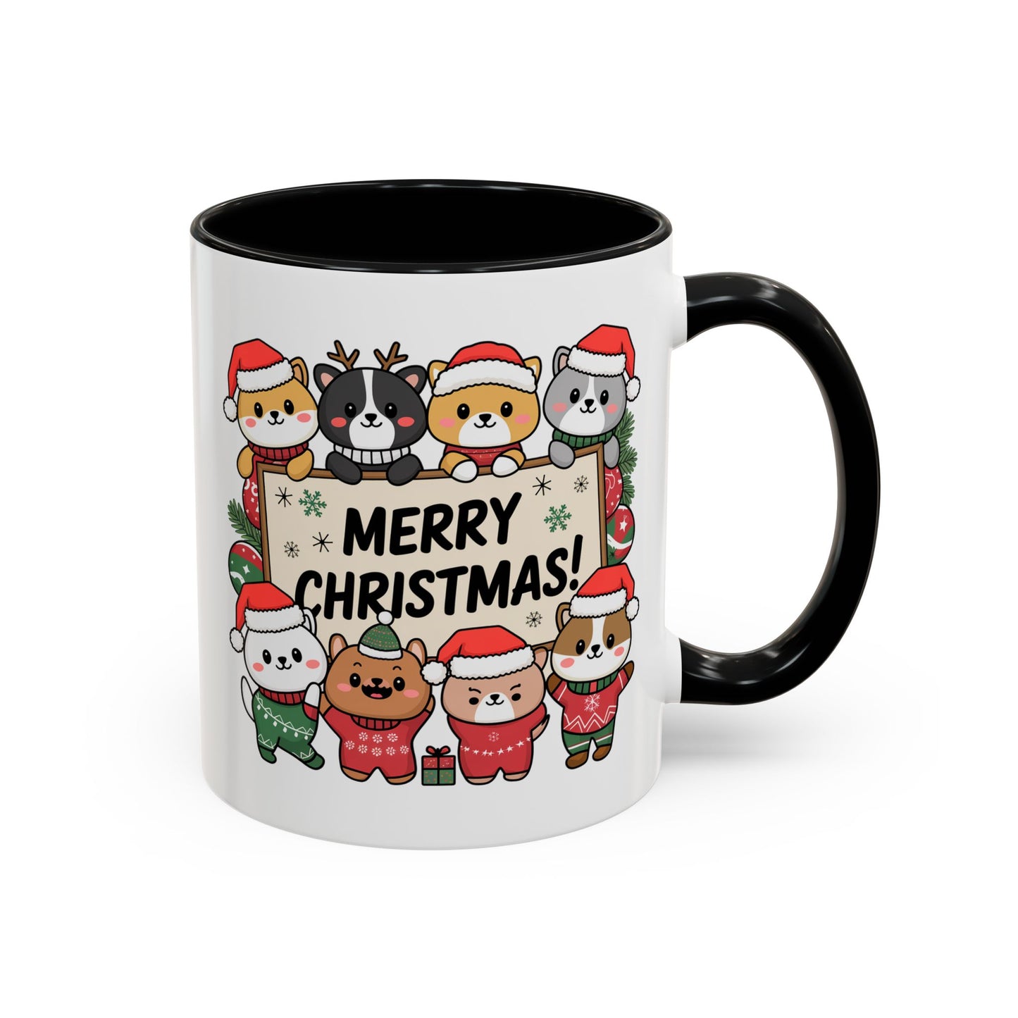 Christmas Mug - Merry Christmas Black Text Cute Animals