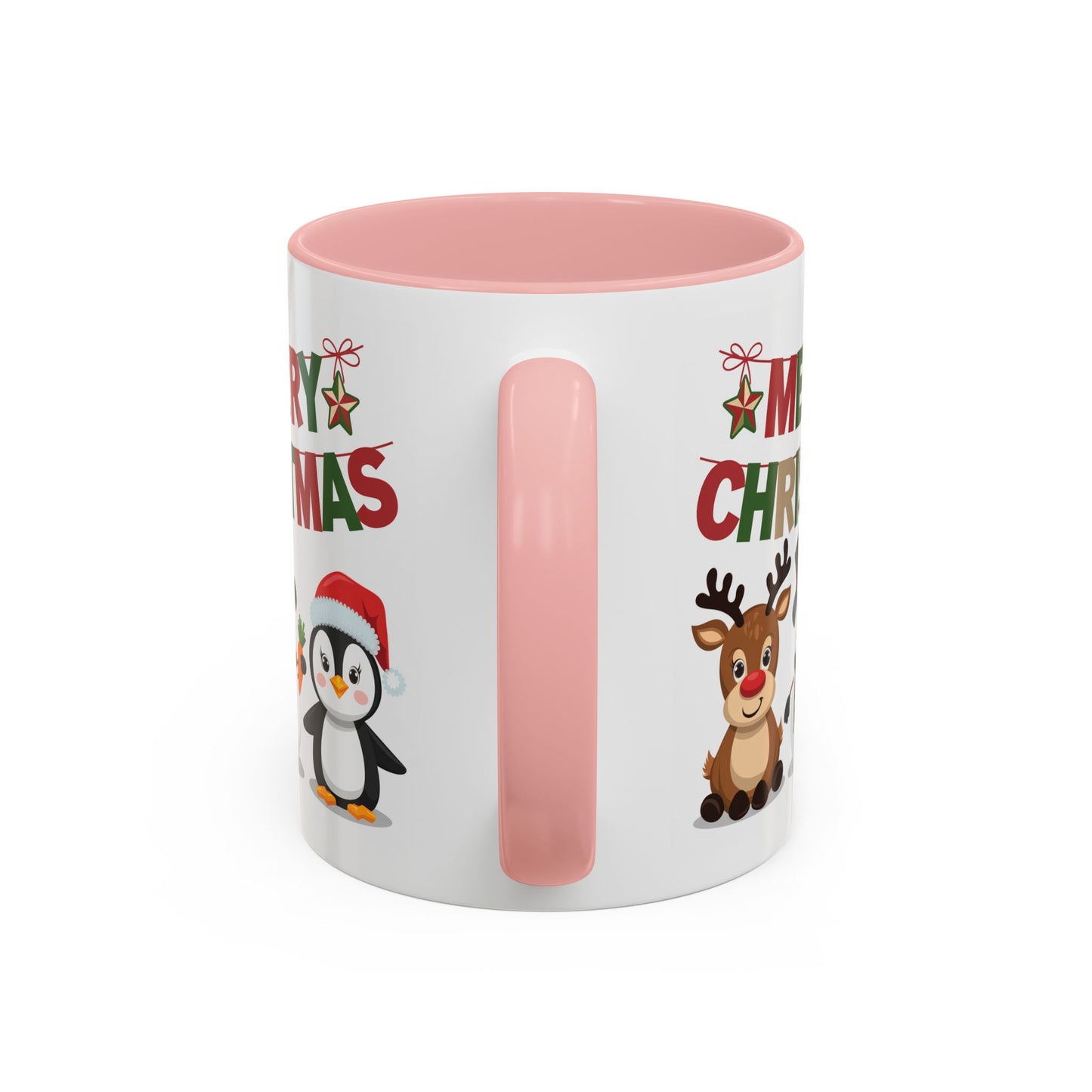 Christmas Mug - Red Green & Gold Text Reindeer Snowman Penguin