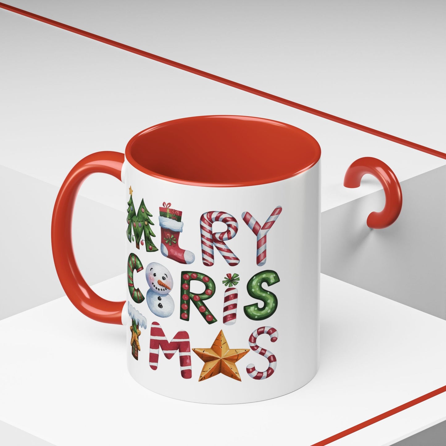 Christmas Mug - Merry Christmas Green Red & Gold Patterned Text