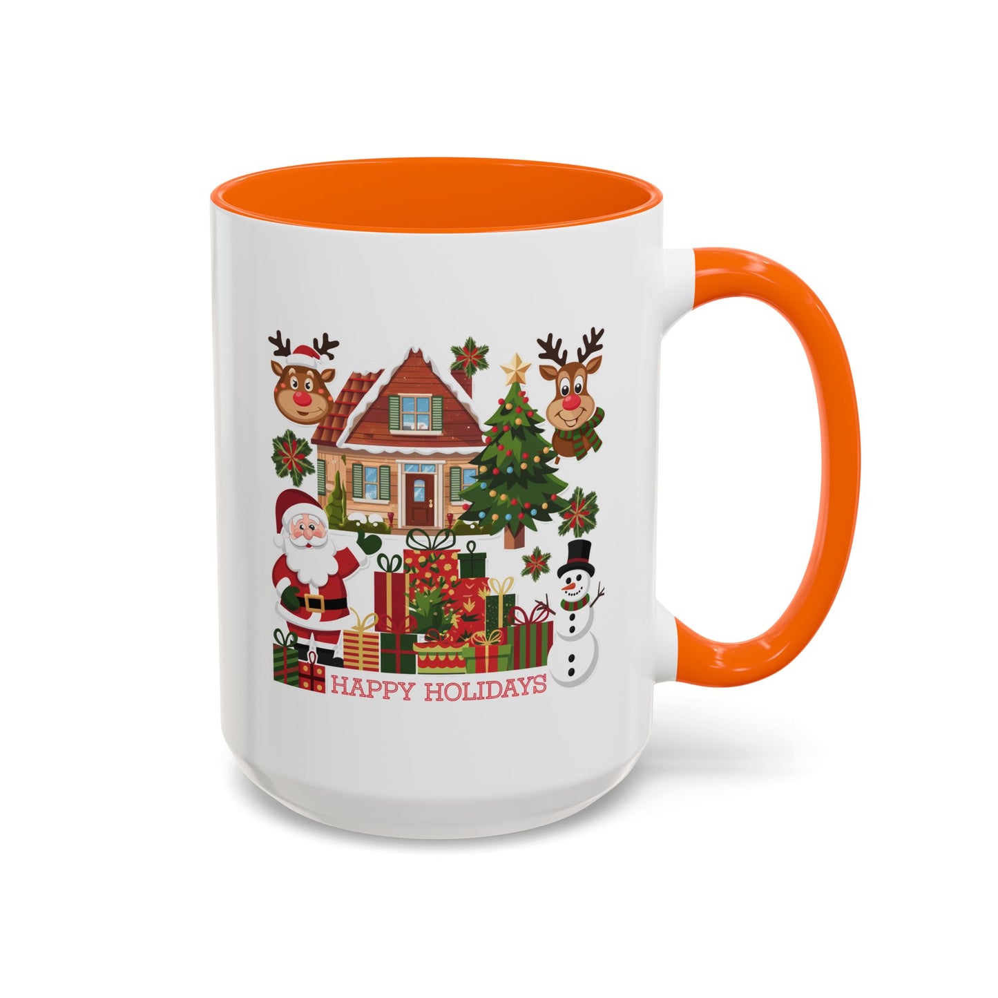 Christmas Mug - Happy Holidays Red Text Reindeer Santa Snowman Presents
