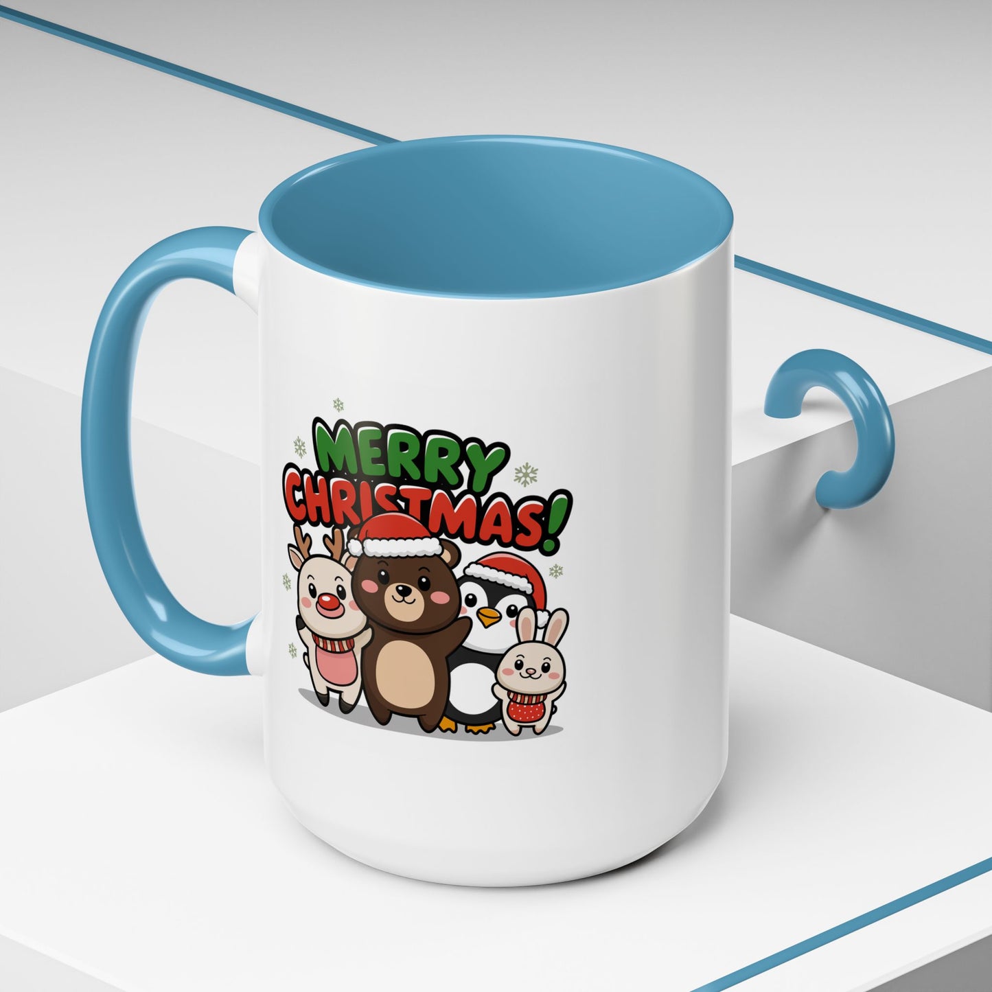 Christmas Mug - Merry Christmas Green & Red Text Cute Animals