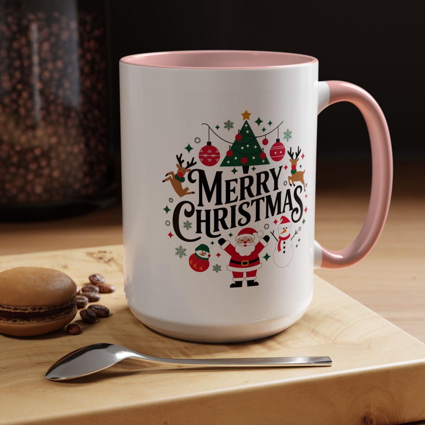 Christmas Mug - Merry Christmas Black Text Santa Reindeer Snowmen Ornaments