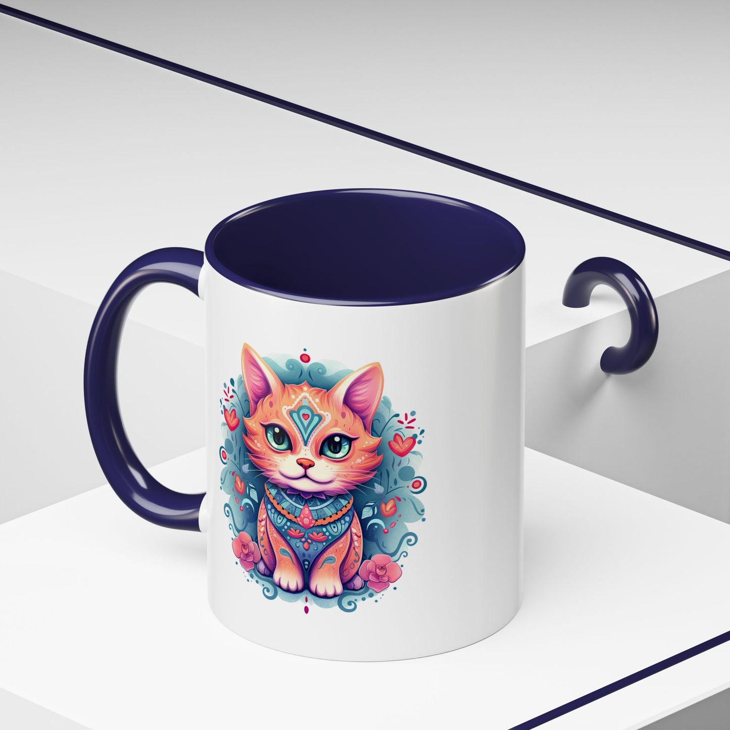 Animal  - Mystic Cat Turquoise & Coral Flowers