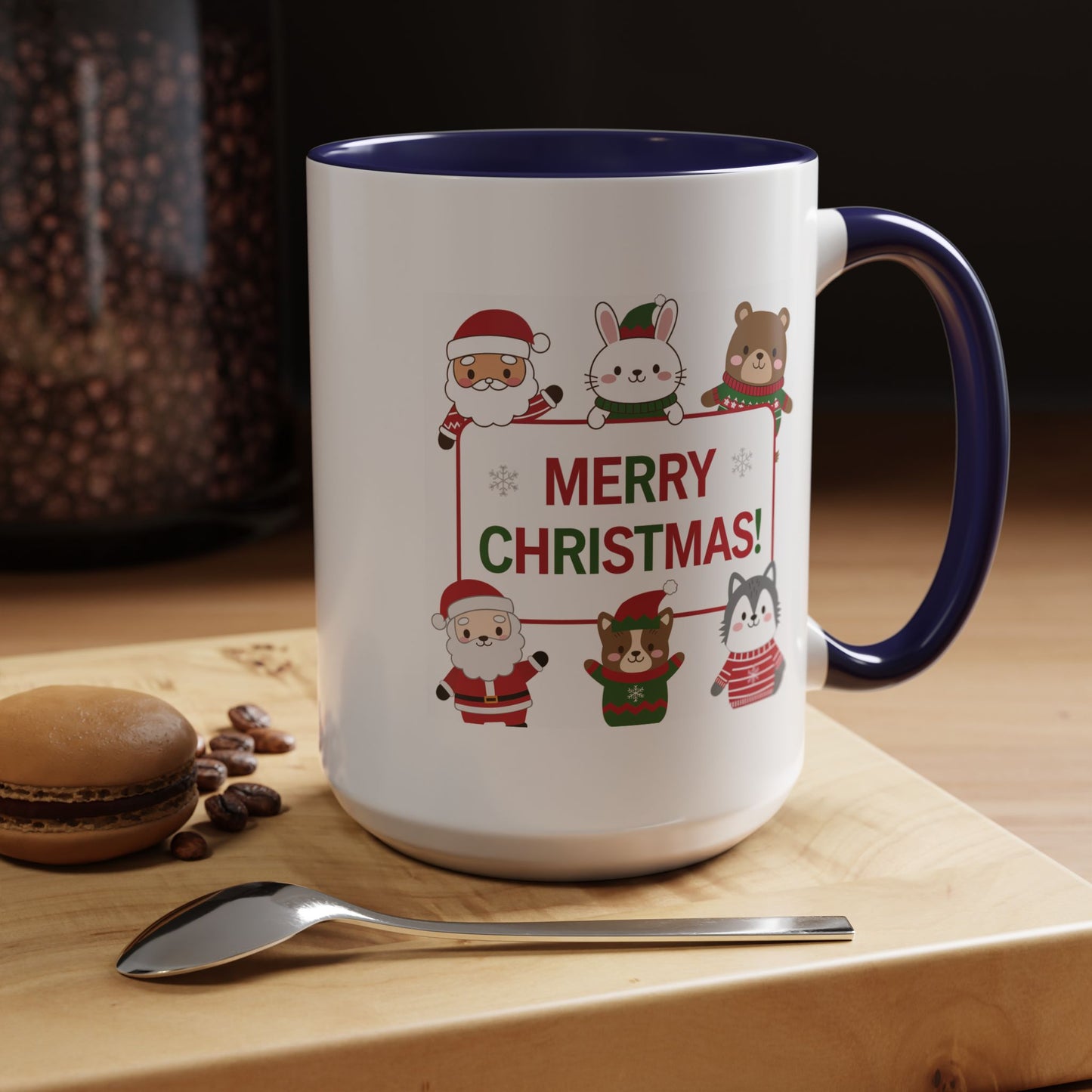 Christmas Mug - Merry Christmas Red & Green Text Santa Cute Animals