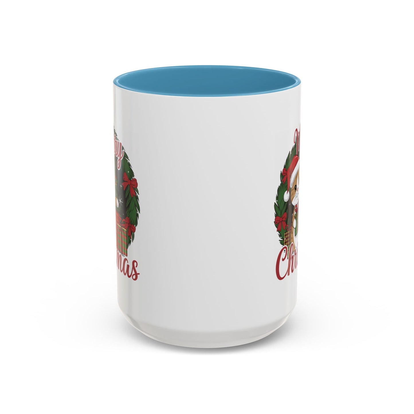 Christmas Mug - Merry Christmas Red Text Cat Presents Wreath