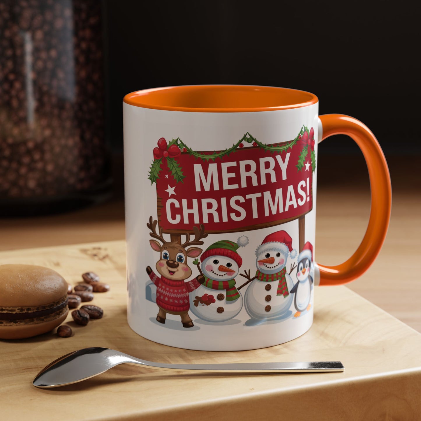 Christmas Mug - Merry Christmas White Text Reindeer Snowmen Penguin