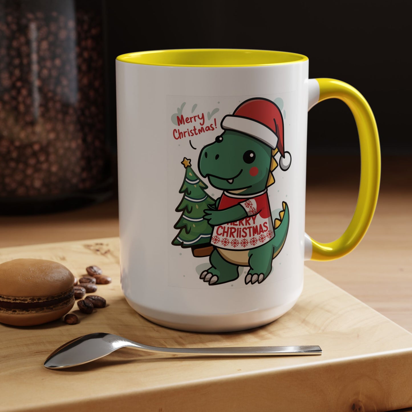 Christmas Mug - Merry Christmas Red Text Dinosaur Tree