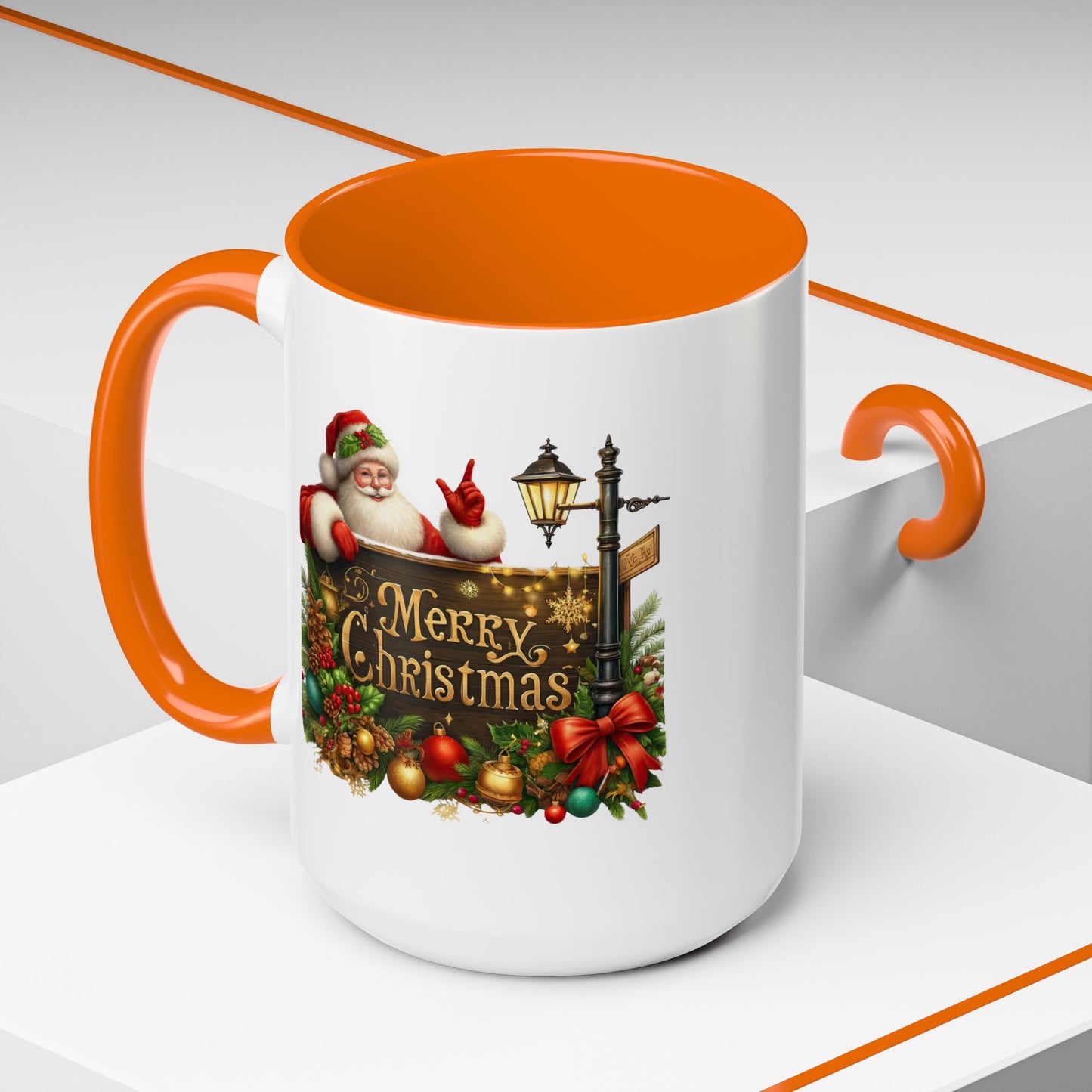 Christmas Mug - Merry Christmas Gold Text Santa Point Ornaments