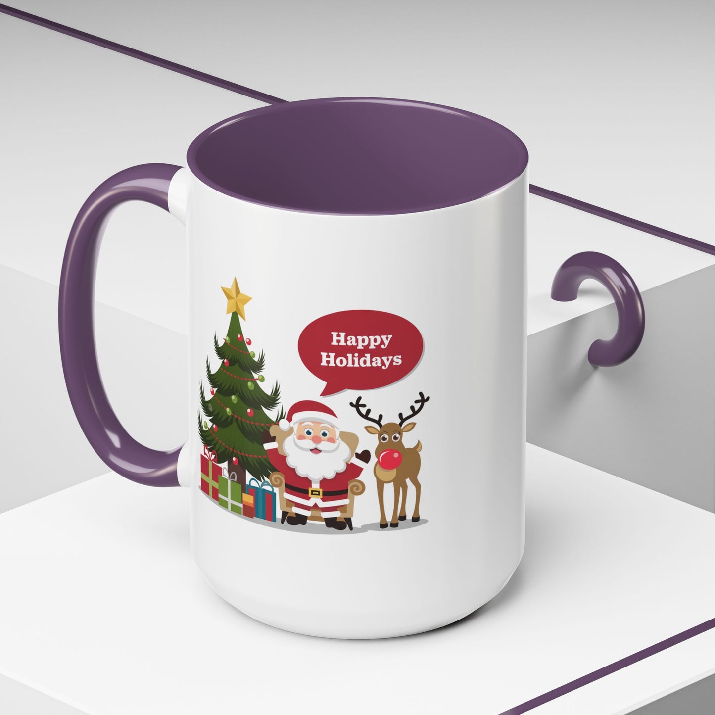 Christmas Mug - Happy Holidays Callout Santa Tree Presents Reindeer