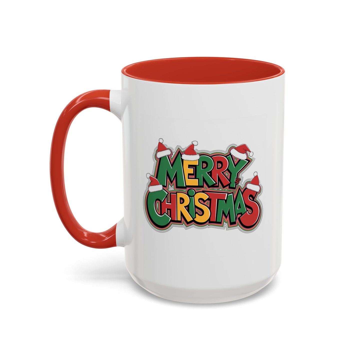 Christmas Mug - Merry Christmas Green Yellow & Red Text Hats