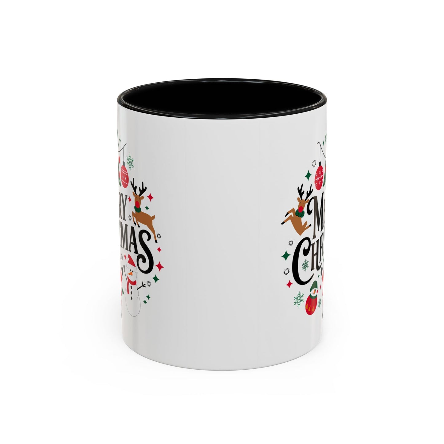 Christmas Mug - Merry Christmas Black Text Santa Reindeer Snowmen Ornaments