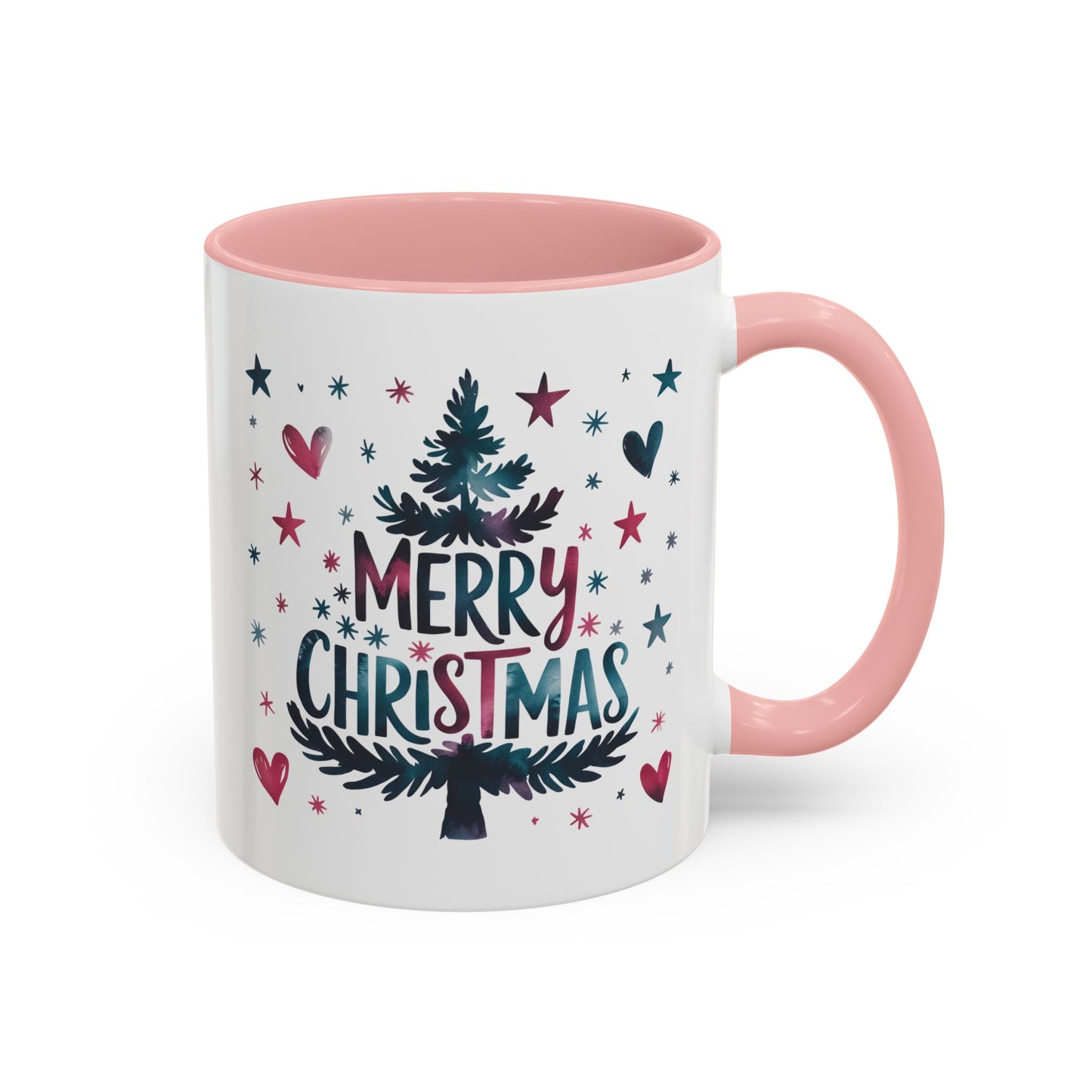 Christmas Mug - Merry Christmas Maroon & Blue Text Tree Hearts Stars